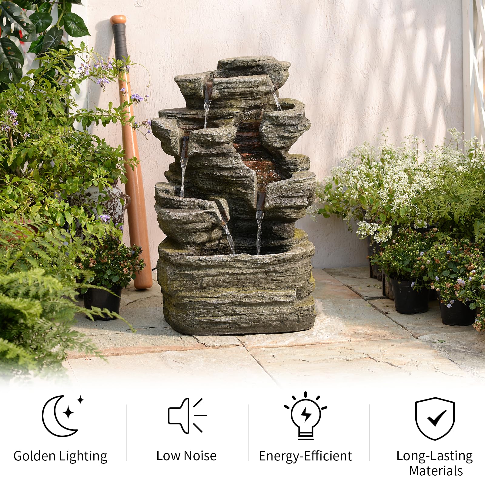 6-Tier Cascading Rock Water Fountain with LED Lights - 24.4