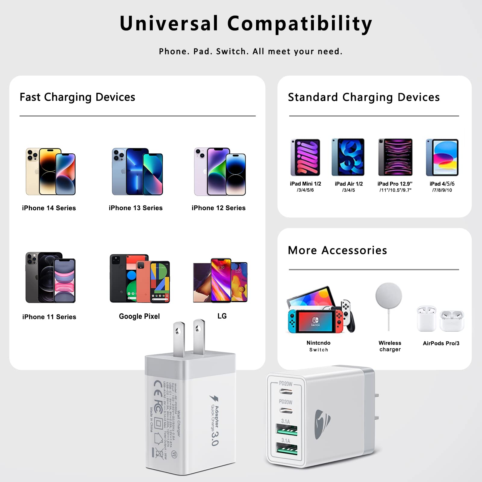 40W Fast Charging USB C Wall Charger Block 4-Port PD QC Adapter - Compatible with iPhone 15/14/13/12/11 Pro Max/XS/XR/8/7 & Samsung Galaxy - Perfect for Home, Office & Travel (2-Pack)