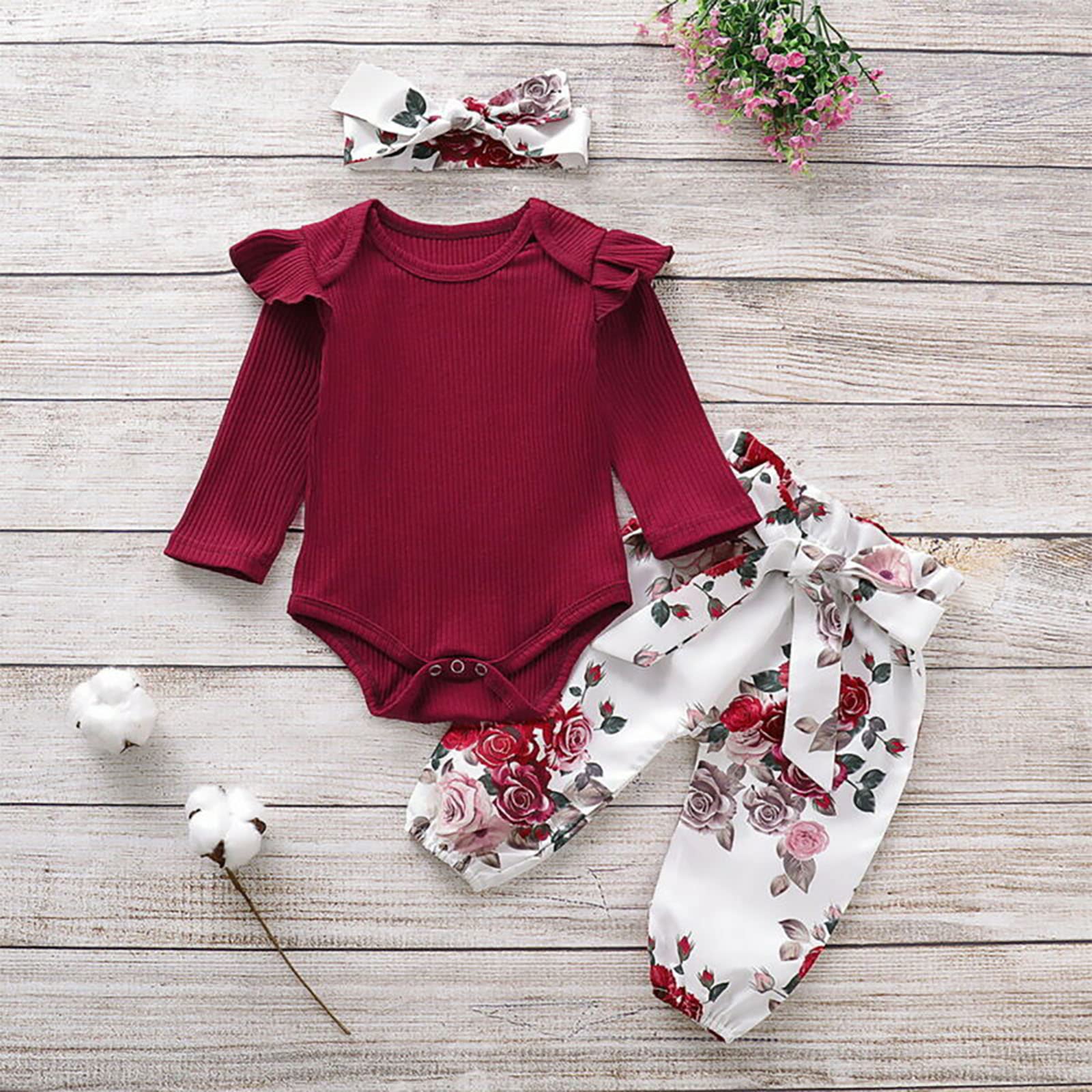Newborn Baby Girl Outfit - Ruffle Long Sleeve Romper with Floral Pants & Headband Set | Soft Cotton Infant Clothes for 0-6 Months | Perfect for Photography, Birthday Parties & Special Occasions