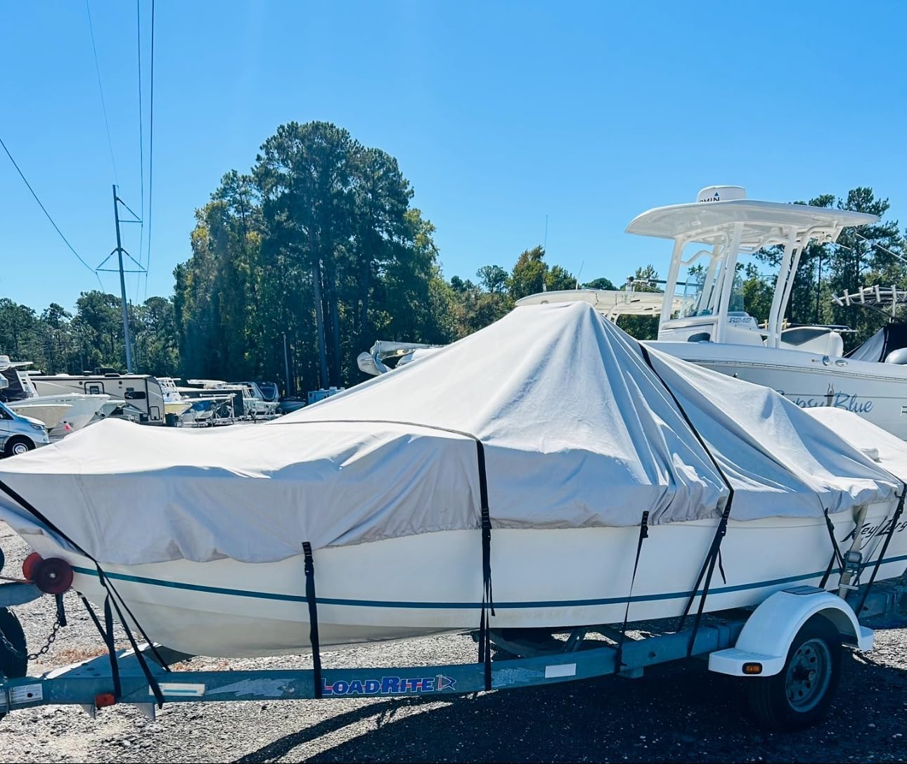 **Tuszom True 900D 100% Waterproof Center Console Boat Cover with Motor Cover – Heavy-Duty Tear-Proof Trailerable Boat Cover for 16' - 18.5' Boats – 13-19 Windproof Straps (Gray, Up to 98
