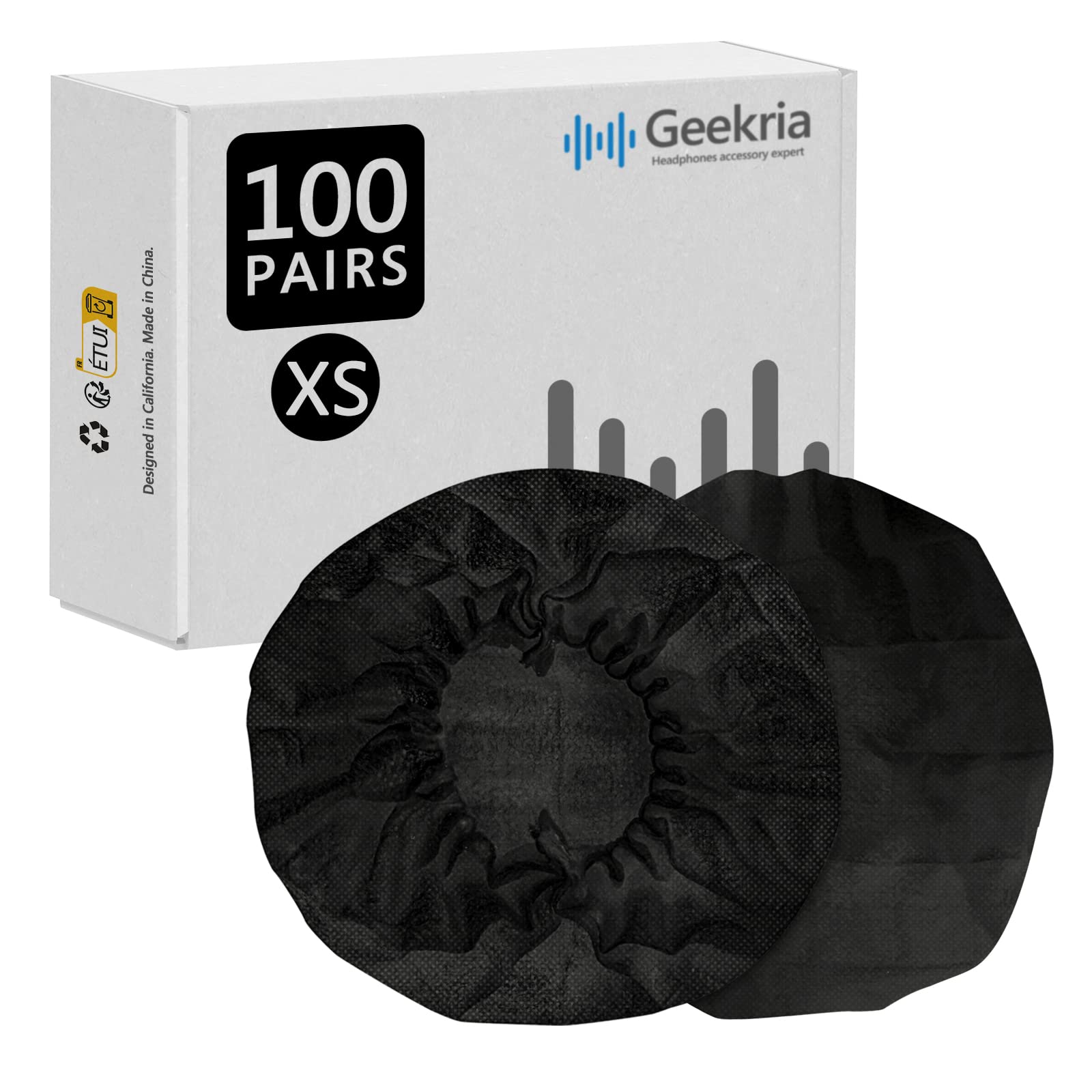 Geekria 100 Pairs Disposable Headphone Ear Covers for Small Call Center Headsets - Stretchable Sanitary Ear Pads, Hygienic Earcup Protectors (XS/Black) - Perfect for Call Centers, Offices & Shared Workspaces