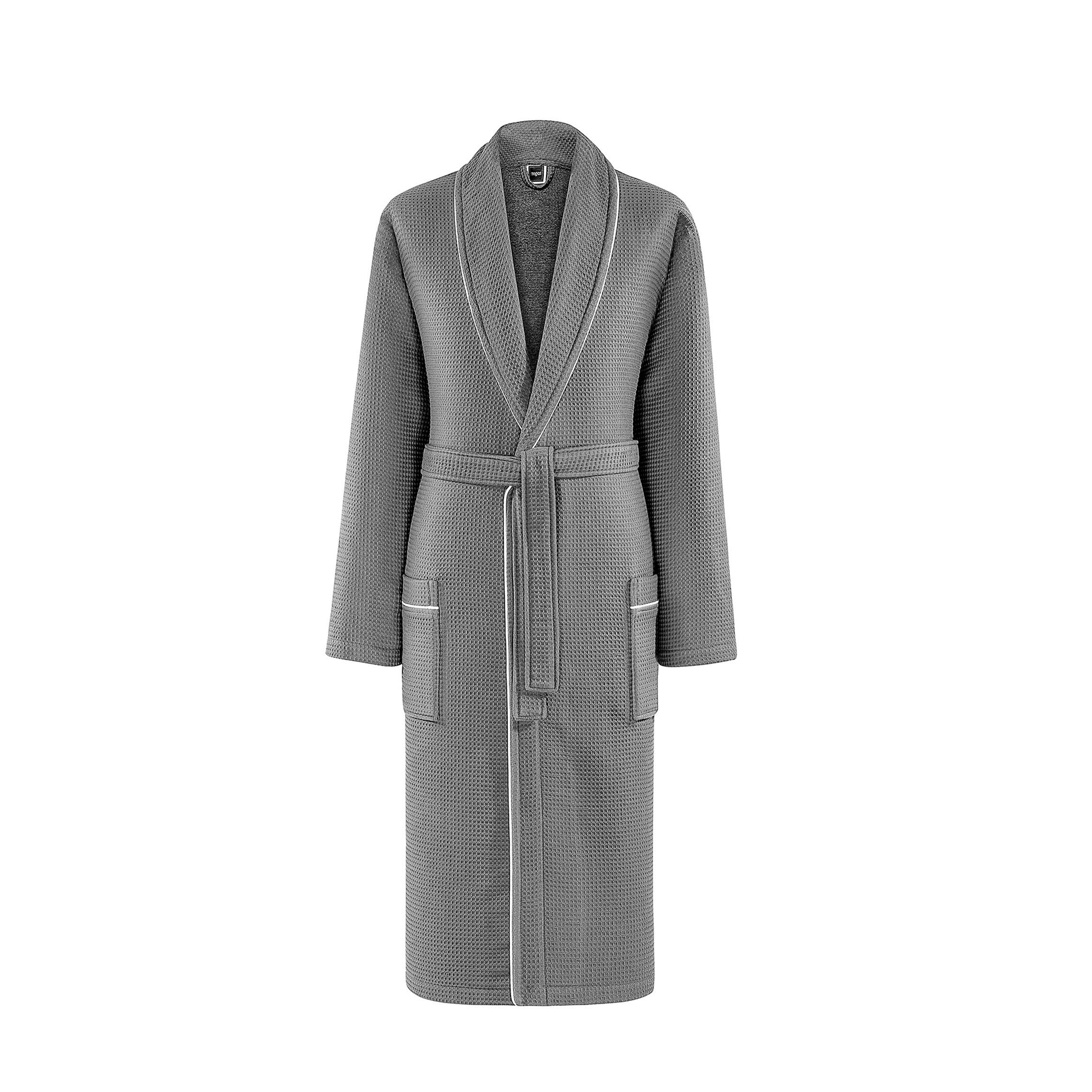 TOGAS Gray Waffle Fabric & Terry Cotton Long Men's Robe ALAN - 100% Cotton - Soft & Comfortable Bathrobe for Spa, Lounge & Relaxation at Home