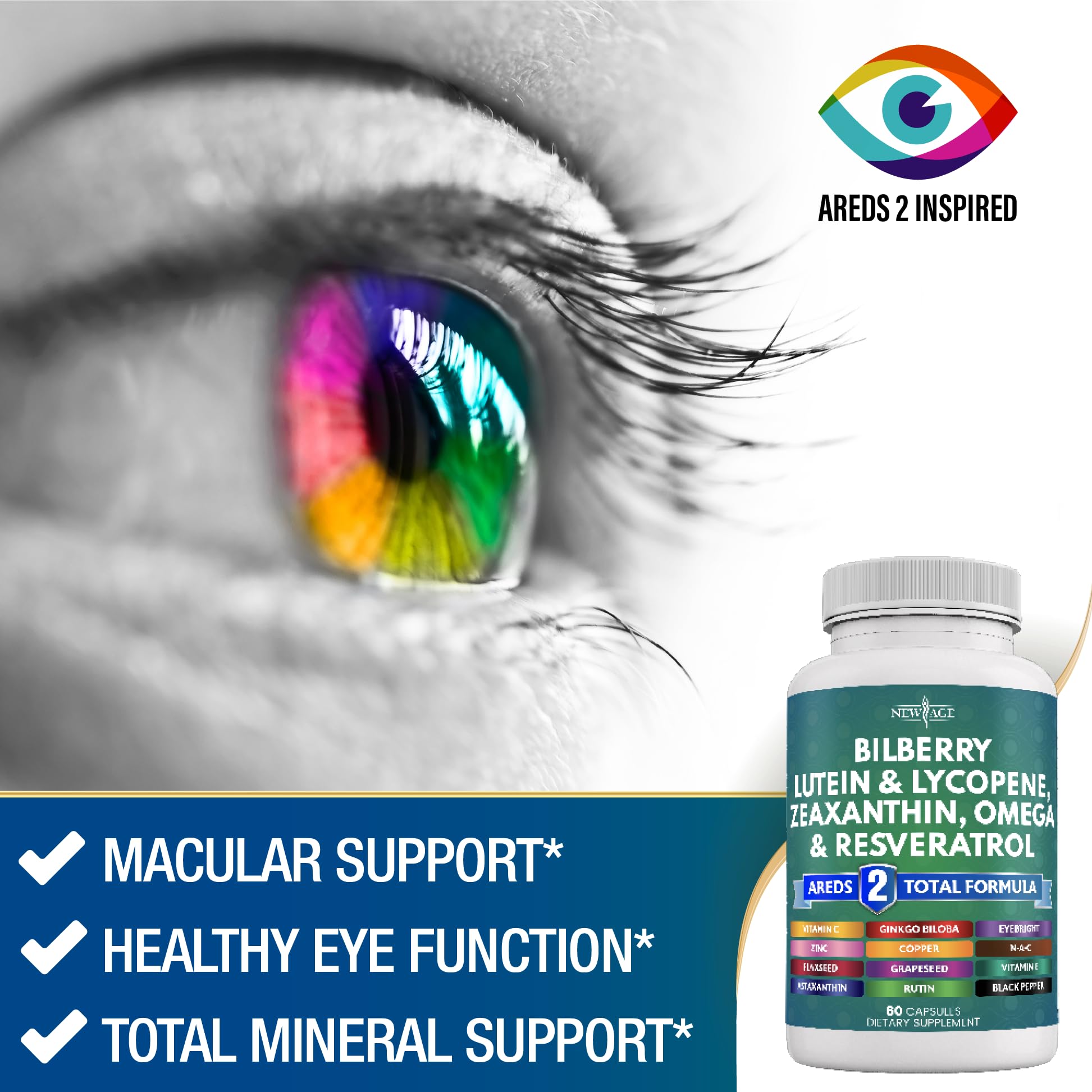 Premium Eye Health Vitamins with Bilberry, Lutein, Zeaxanthin & Antioxidants - Supports Vision & Eye Strain Relief - 60 Capsules - Perfect for Computer Users & Gamers