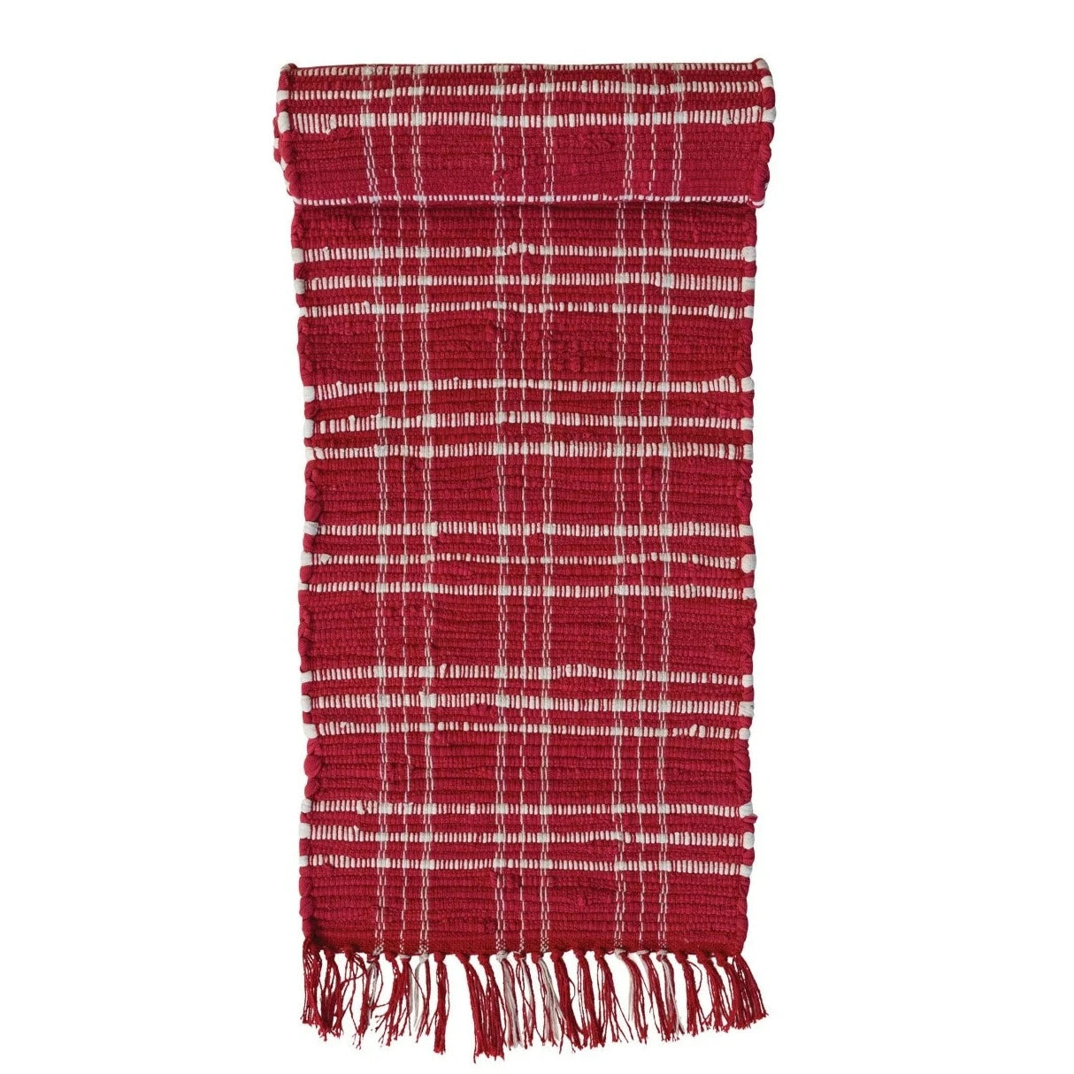 Hand Woven Red Plaid Cotton Chindi Table Runner - Farmhouse Style Decorative Dining Table Scarf for Kitchen, Wedding, and Holiday Decor