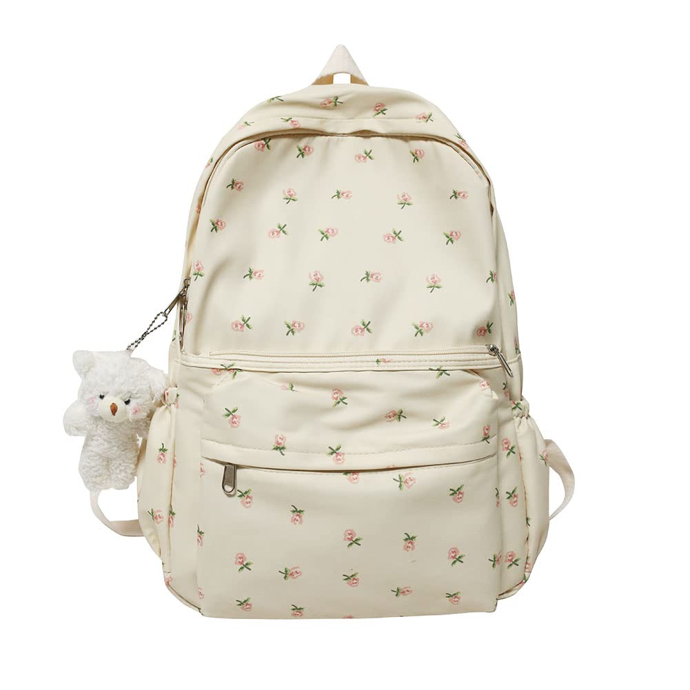 Cute Floral Print Aesthetic Backpack for Women - Large Capacity Kawaii Backpack with Plush Pendant - Stylish Travel Backpack for School, Work & Casual Outings