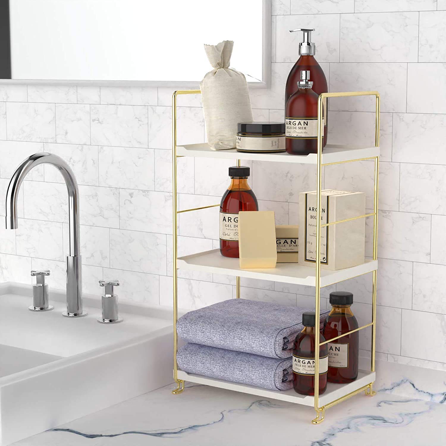 3-Tier Stackable Spice Rack Organizer - Golden Square Standing Shelf for Kitchen Counter, Bathroom Storage & Cosmetic Organization | Space-Saving Solution for Spices, Makeup & Toiletries