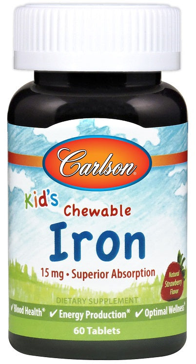Carlson Labs Kids Chewable Iron Supplement - 15mg per Tablet, Strawberry Flavor, 60 Count - Supports Healthy Energy & Immune System for Active Children