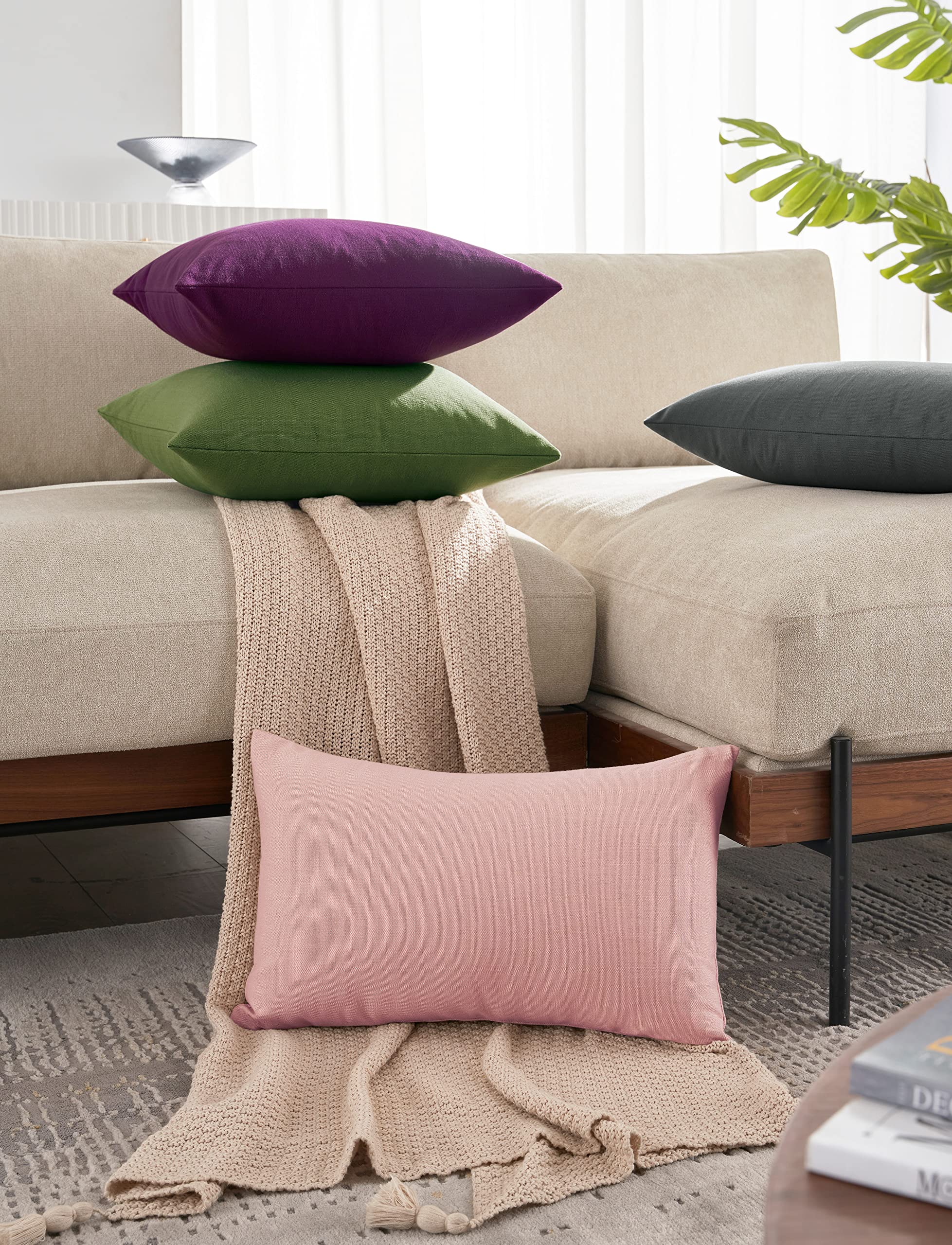 Mixhug Decorative Linen Throw Pillow Covers - 24x24 Inches Farmhouse Style Cushion Covers for Sofa, Couch & Bed (Set of 2, Purple) - Perfect for Living Room Decor, Bedroom Accent & Cozy Home Styling