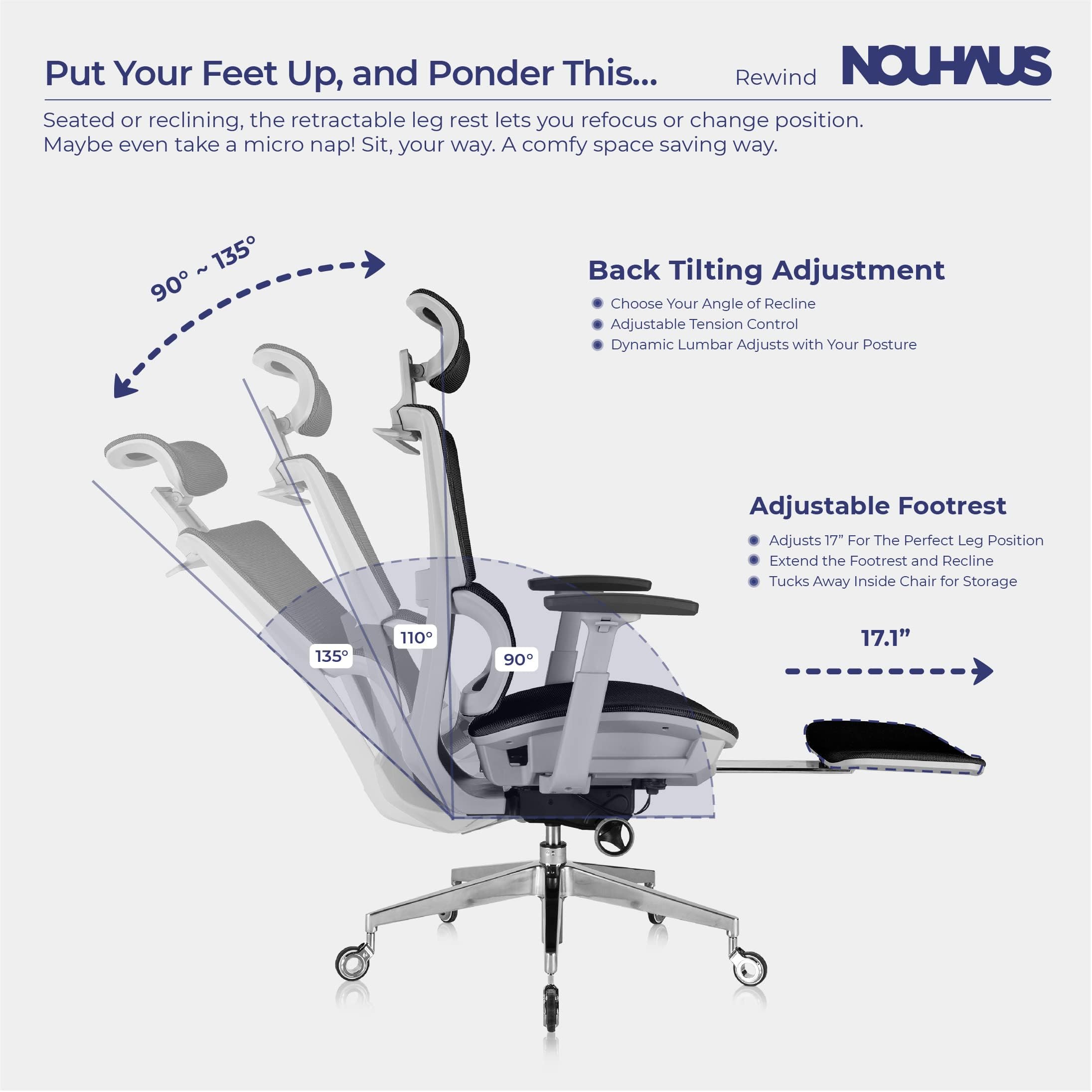 Nouhaus Rewind Ergonomic Office Chair with Adjustable Footrest & Lumbar Support - Swivel Mesh Computer Desk Chair with Wheels for Home Office - High Back Task Chair for Long Hours Work (Black) - Perfect for Remote Work, Gaming & Study Sessions