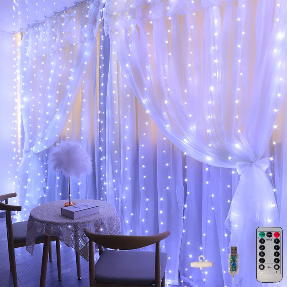 Honche Fairy Curtain Lights - 300 LED Indoor/Outdoor String Lights with USB Plug, 8 Lighting Modes & Remote Control - Perfect for Bedroom, Wedding, Party, Backdrop Decoration (9.8Ft×9.8Ft) - Create a Magical Ambiance for Holidays, Garden, and Home Decor