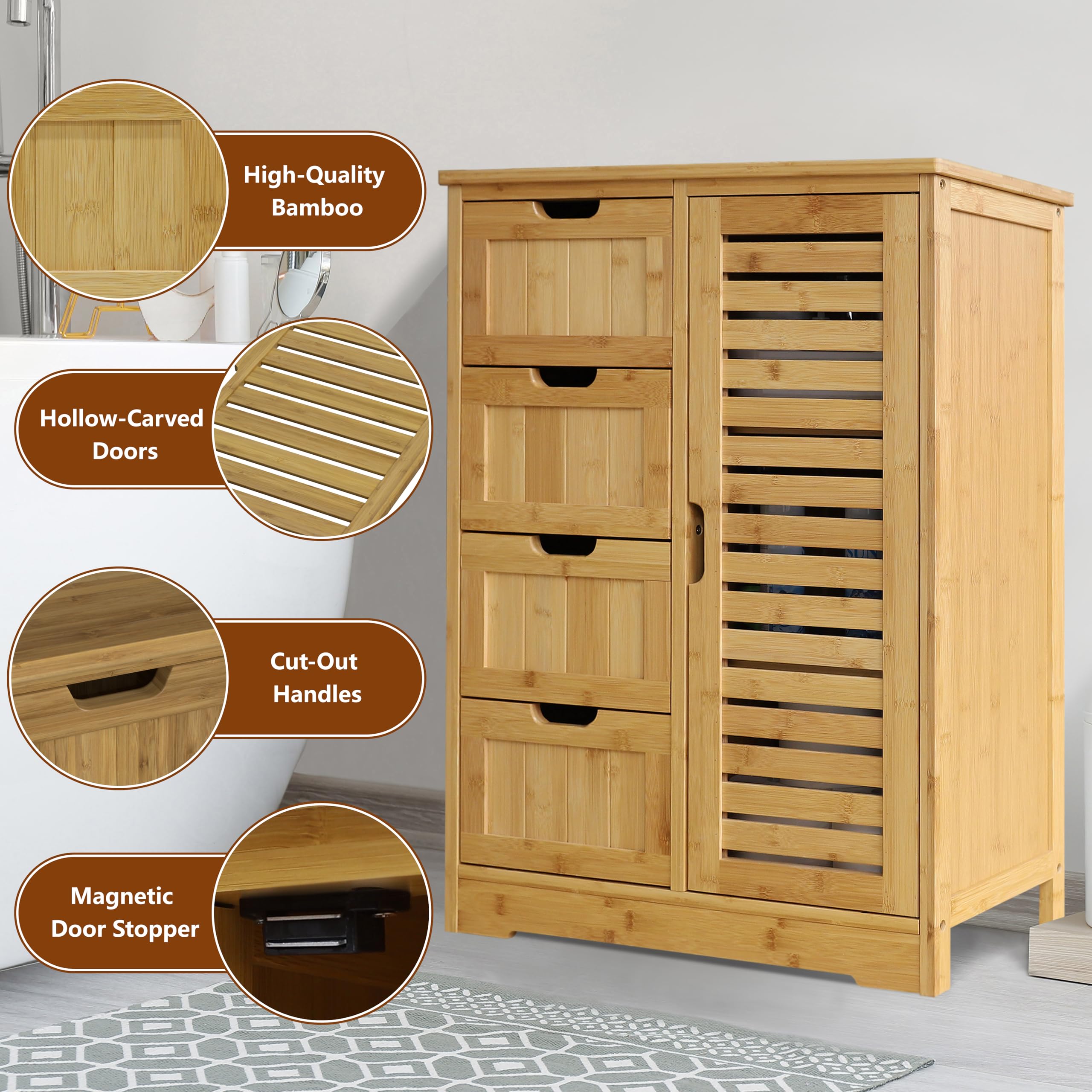 Bamboo Bathroom Storage Cabinet with 4 Drawers & 2 Removable Shelves - Freestanding Floor Cabinet for Bathroom, Living Room, Bedroom Organization - Perfect for Small Spaces, Towel & Toiletry Storage