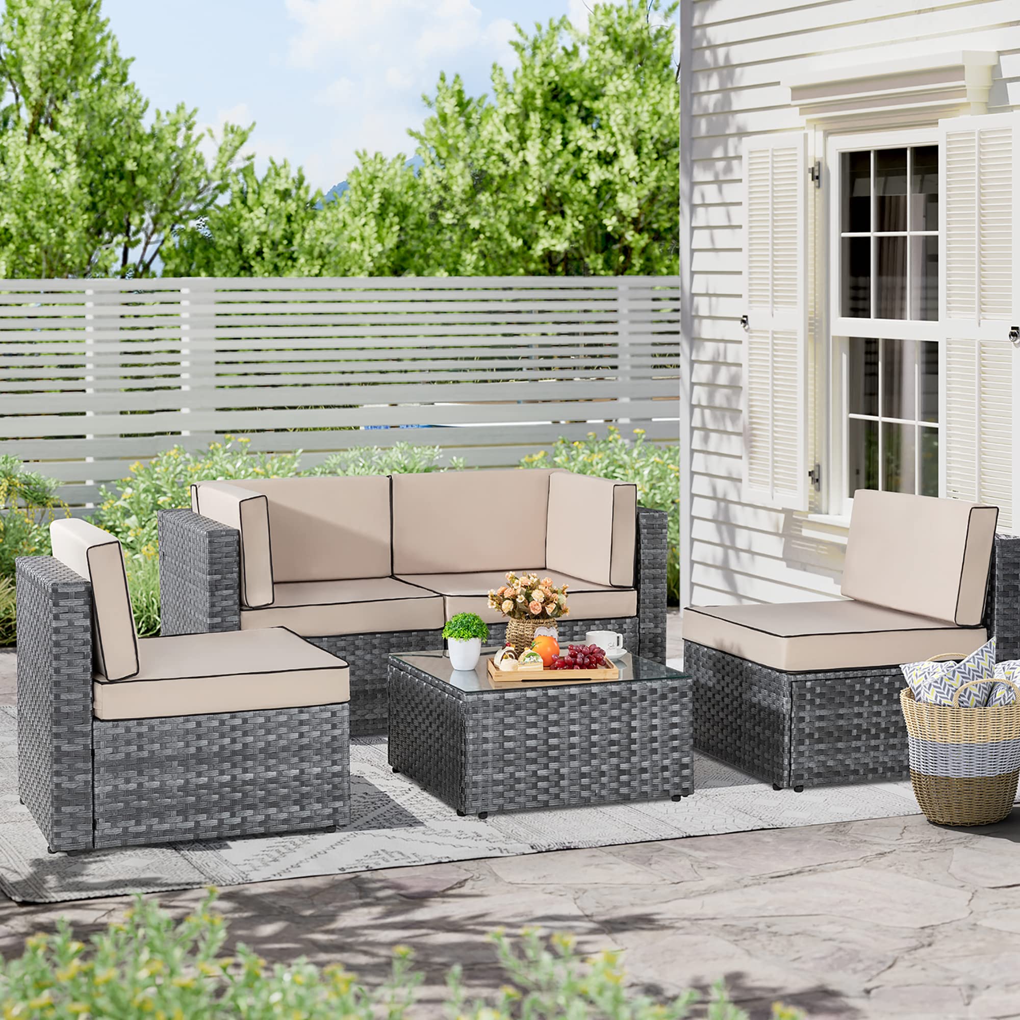 JAMFLY 5-Piece Outdoor Patio Sectional Sofa Set with Washable Cushions & Glass Coffee Table - PE Wicker Furniture for Garden, Poolside, Backyard (Silver Gray Rattan/Khaki) | Perfect for Outdoor Entertaining, Relaxation & Lounging