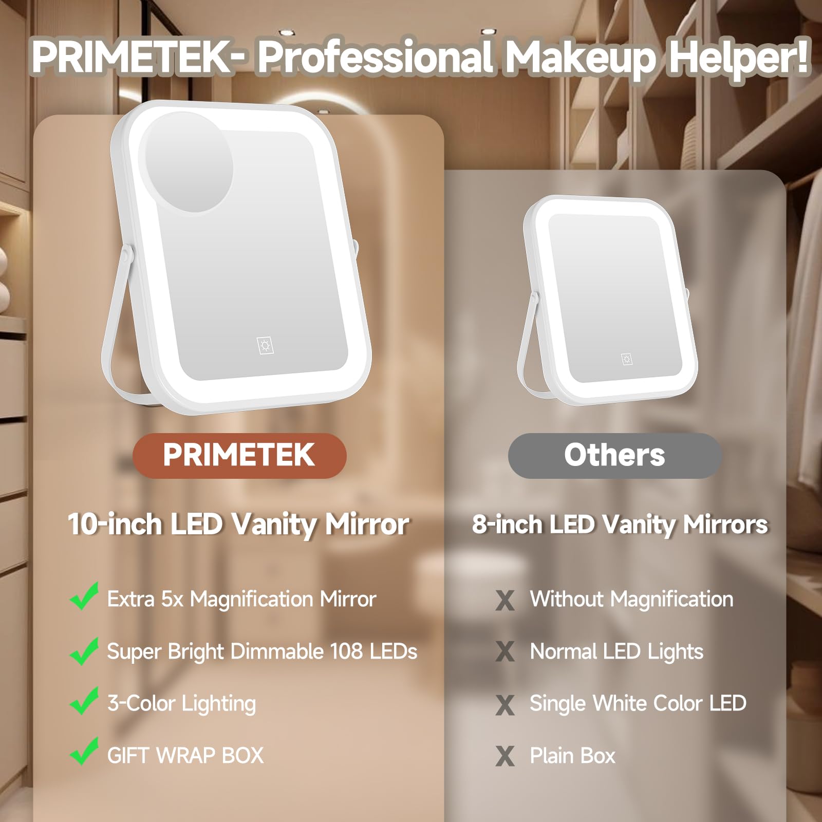 PRIMETEK 10x8 LED Vanity Mirror with 3-Color Lights & 5X Magnification - Portable for Travel, Bedroom & Gifts