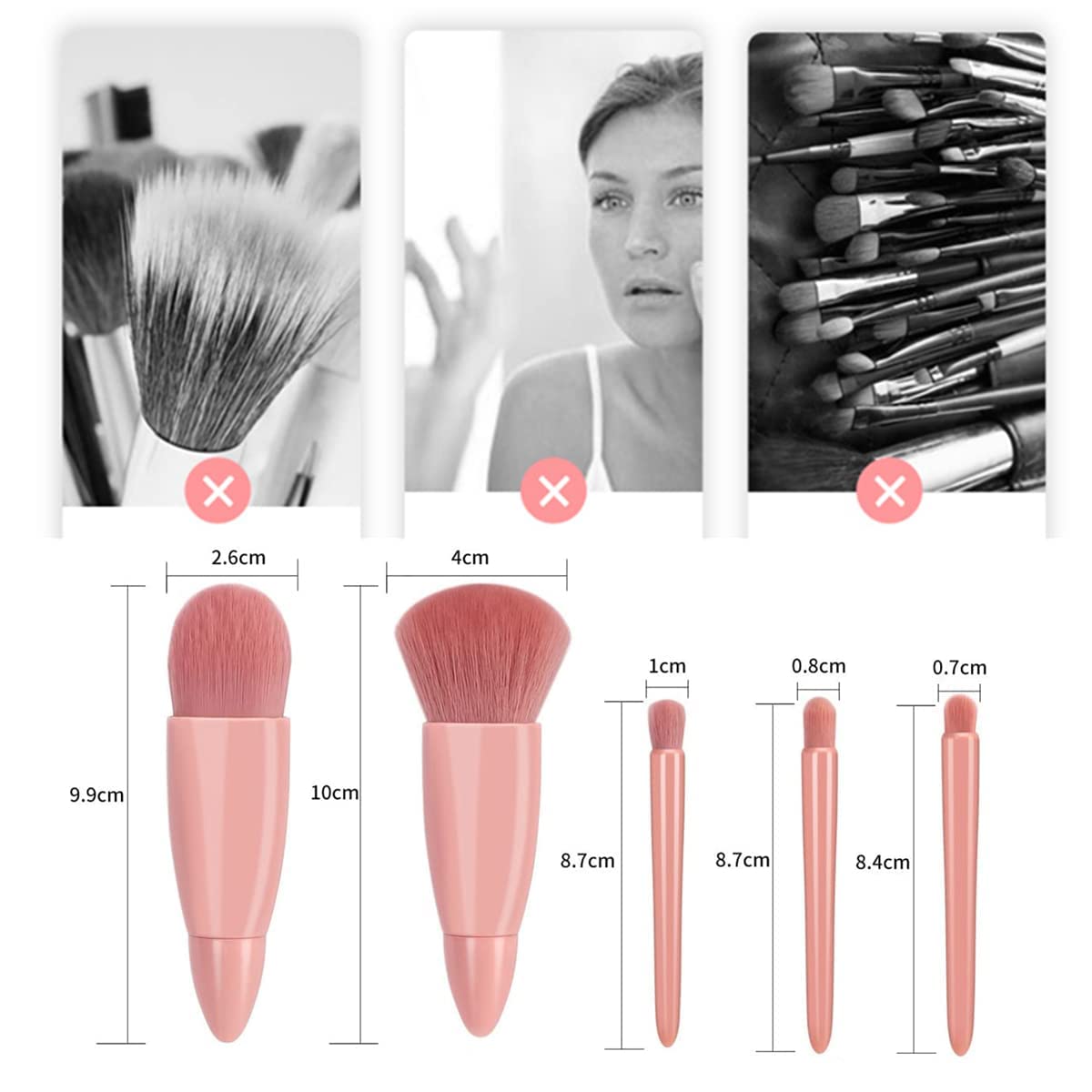 MINISO 5-Piece Travel Makeup Brush Set with Mirror & Case - Lip, Blending, Powder & Eyeshadow Brushes - Portable Cosmetic Kit for On-the-Go Makeup Application | Perfect for Travel, Gym & Touch-Ups