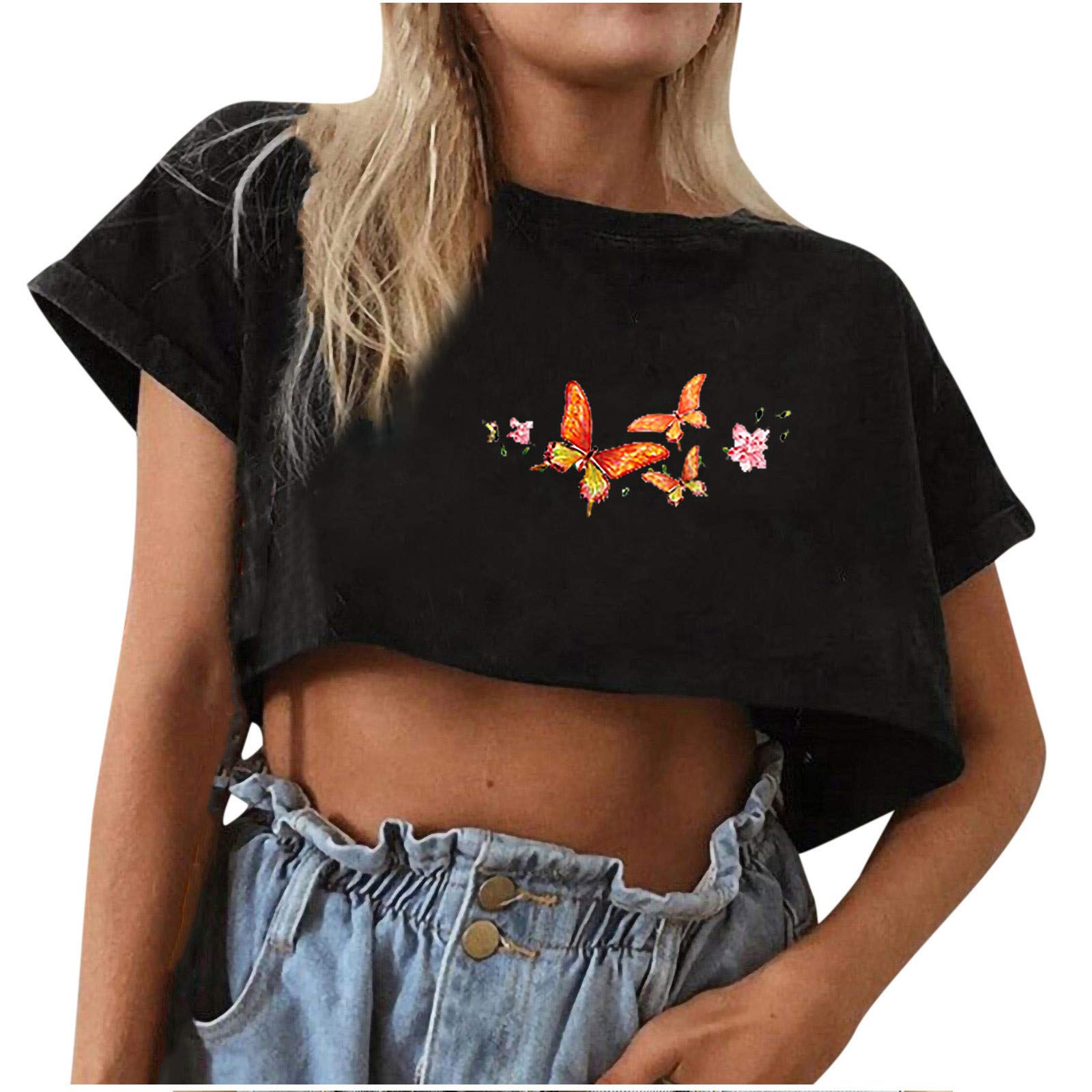 Butterfly Print Women's Plus Size T-Shirt - Crew Neck Summer Crop Top for Casual Wear & Outdoor Activities