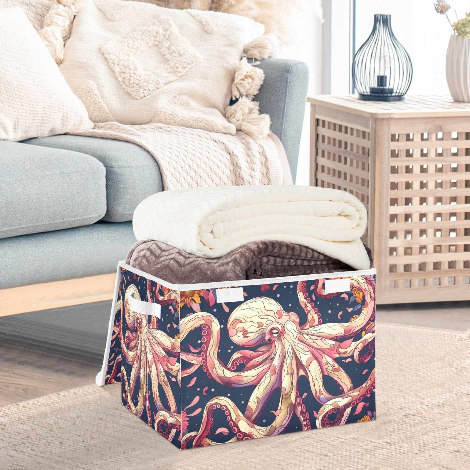 Collapsible Storage Bins with Lids - Octopus Pattern Foldable Organizer Baskets for Clothes, Toys & Home Organization | Perfect for Bedroom, Nursery & Laundry Room Storage