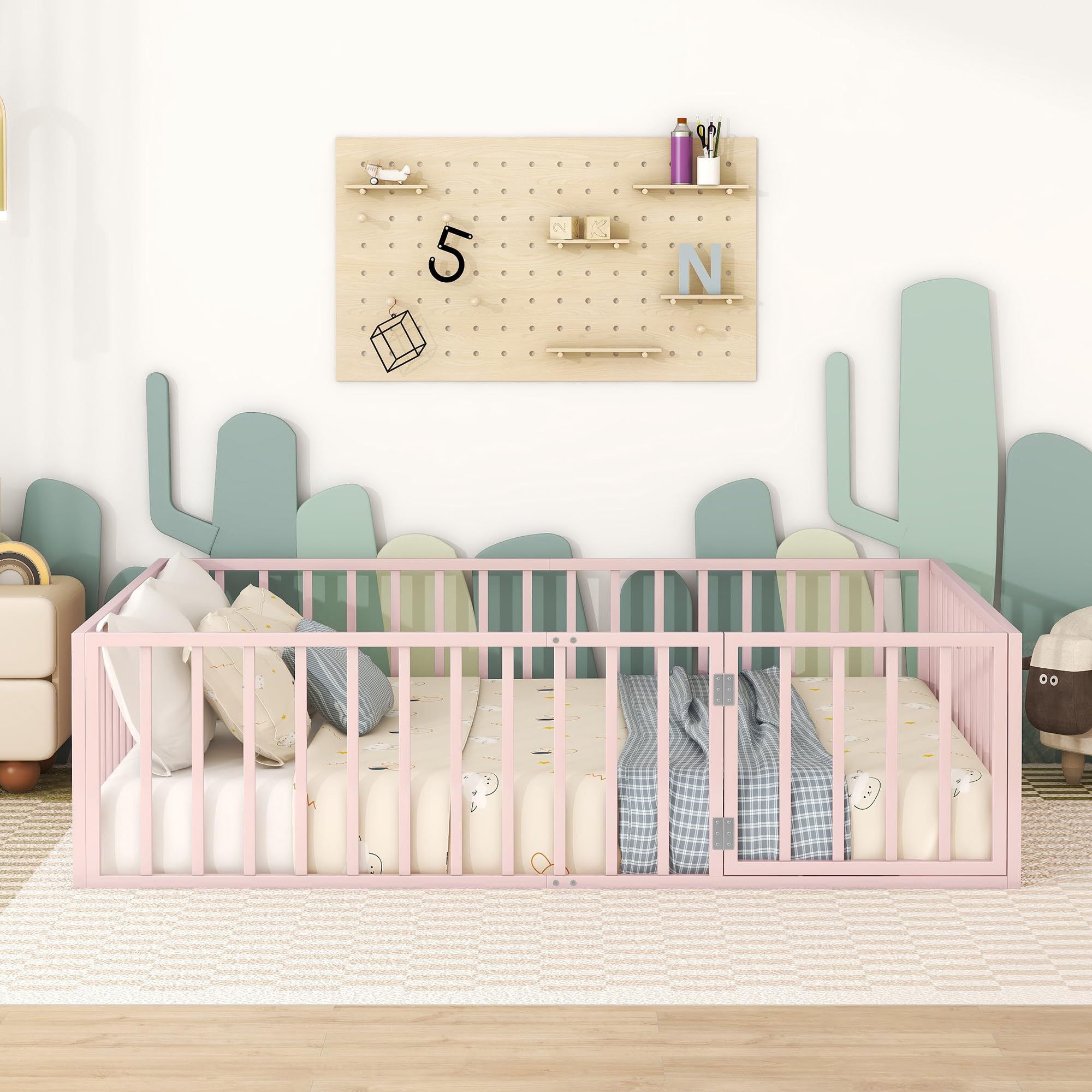 Montessori Floor Bed for Kids - Metal House Bed Frame with Safety Fence & Gate - Toddler Play Bed in Pink - Perfect for Montessori Bedrooms & Child-Safe Sleep Spaces