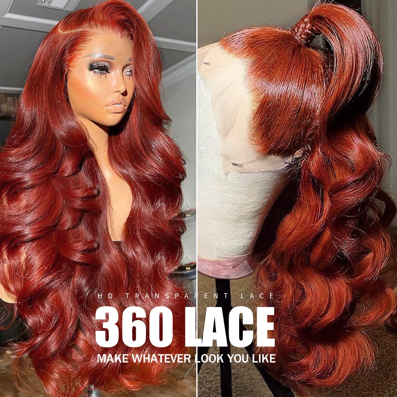 360 Lace Front Wig Human Hair 26 Inch - Reddish Brown Body Wave 180% Density HD Lace Frontal Wig (Ginger Auburn/Orange Red) | Glueless Design for Daily Wear, Cosplay & Special Occasions