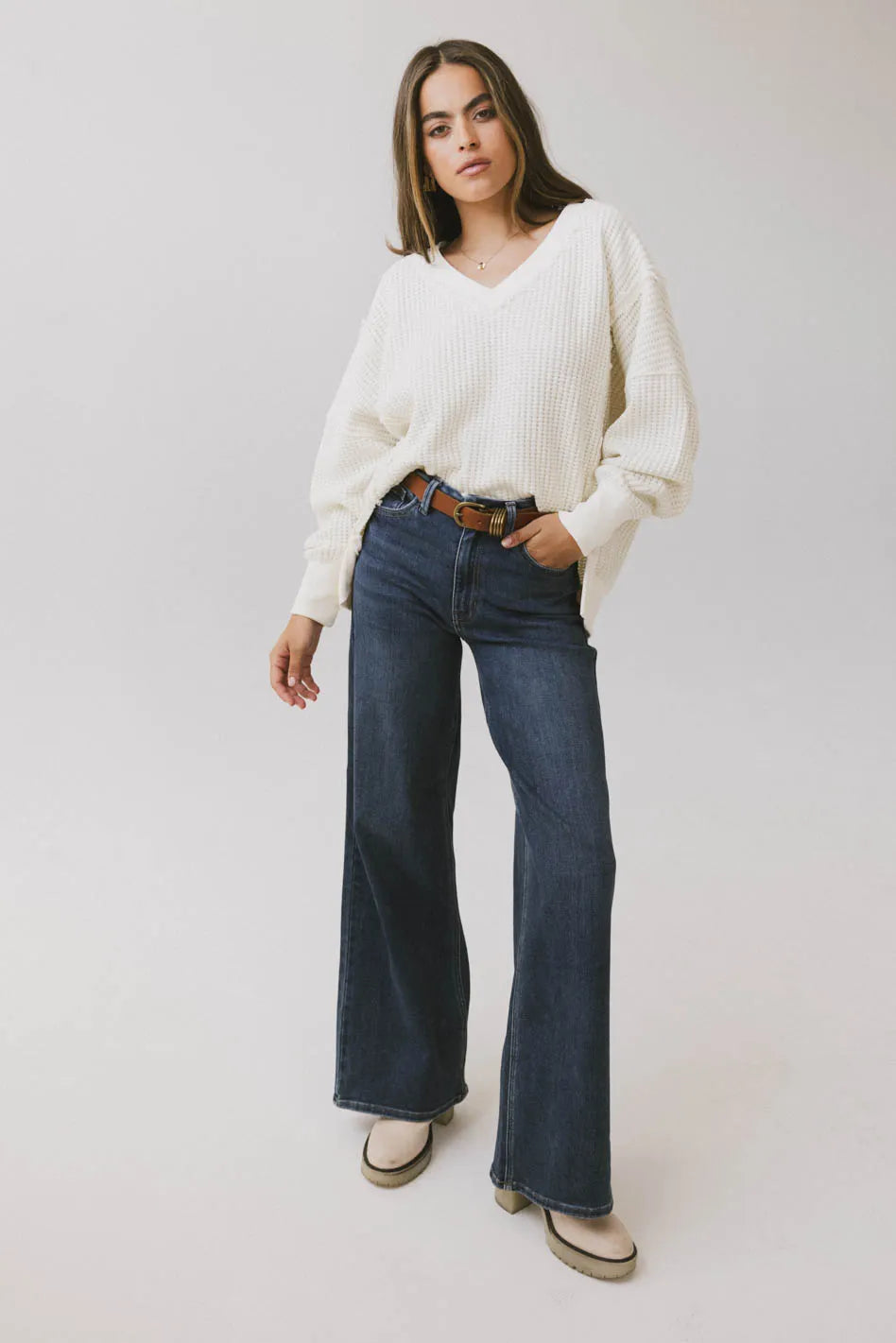 Ellis Waffle Knit Top Women's Cream Long Sleeve Shirt - Casual Loungewear, Fall Layering & Coffee Dates Outfit