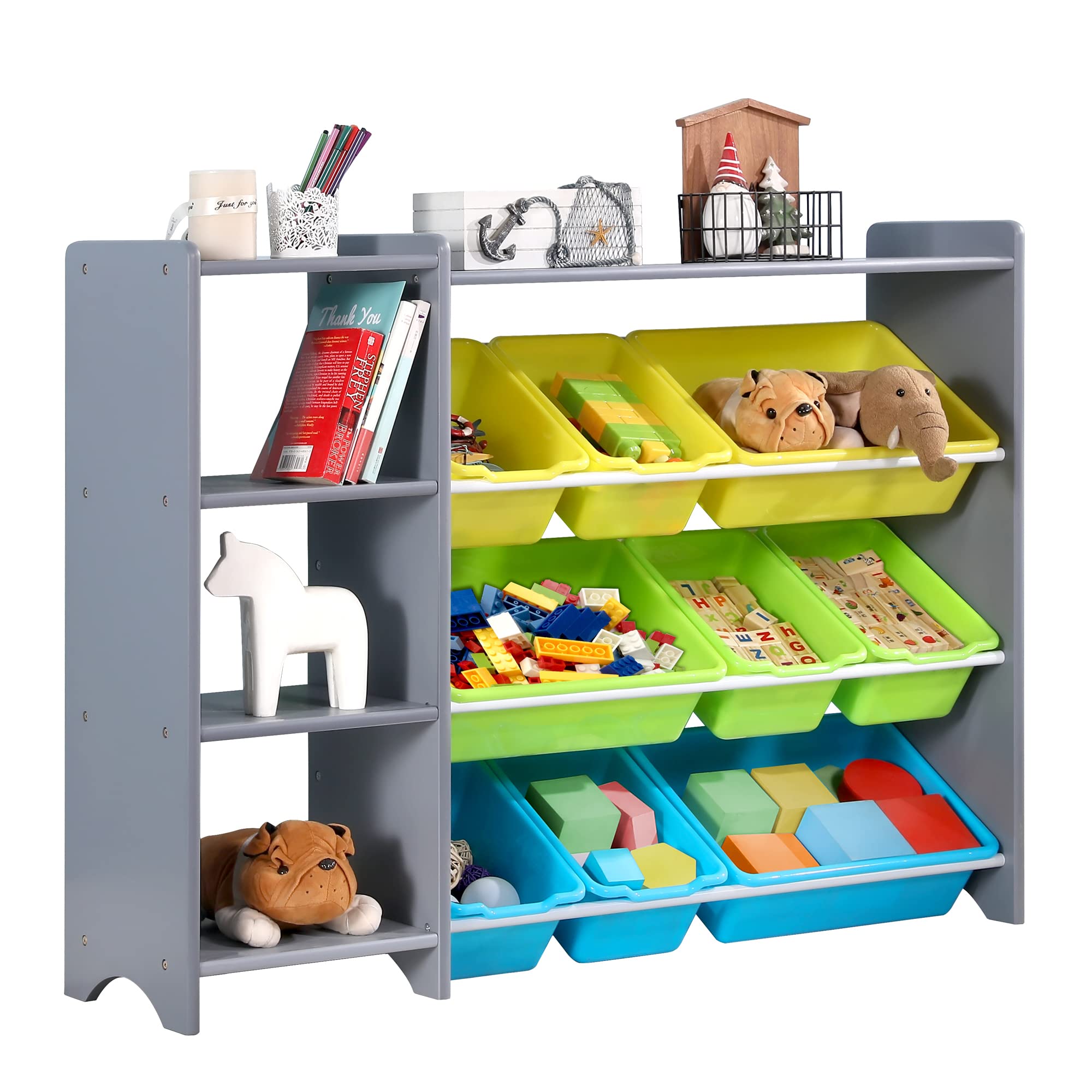 MallBest 4-Tier Kids Toy Storage Organizer Shelf - 100% Solid Wood Children's Cabinet with 9 Plastic Bins & 3 Storage Ports (Grey) | Perfect for Nursery, Playroom & Bedroom Organization