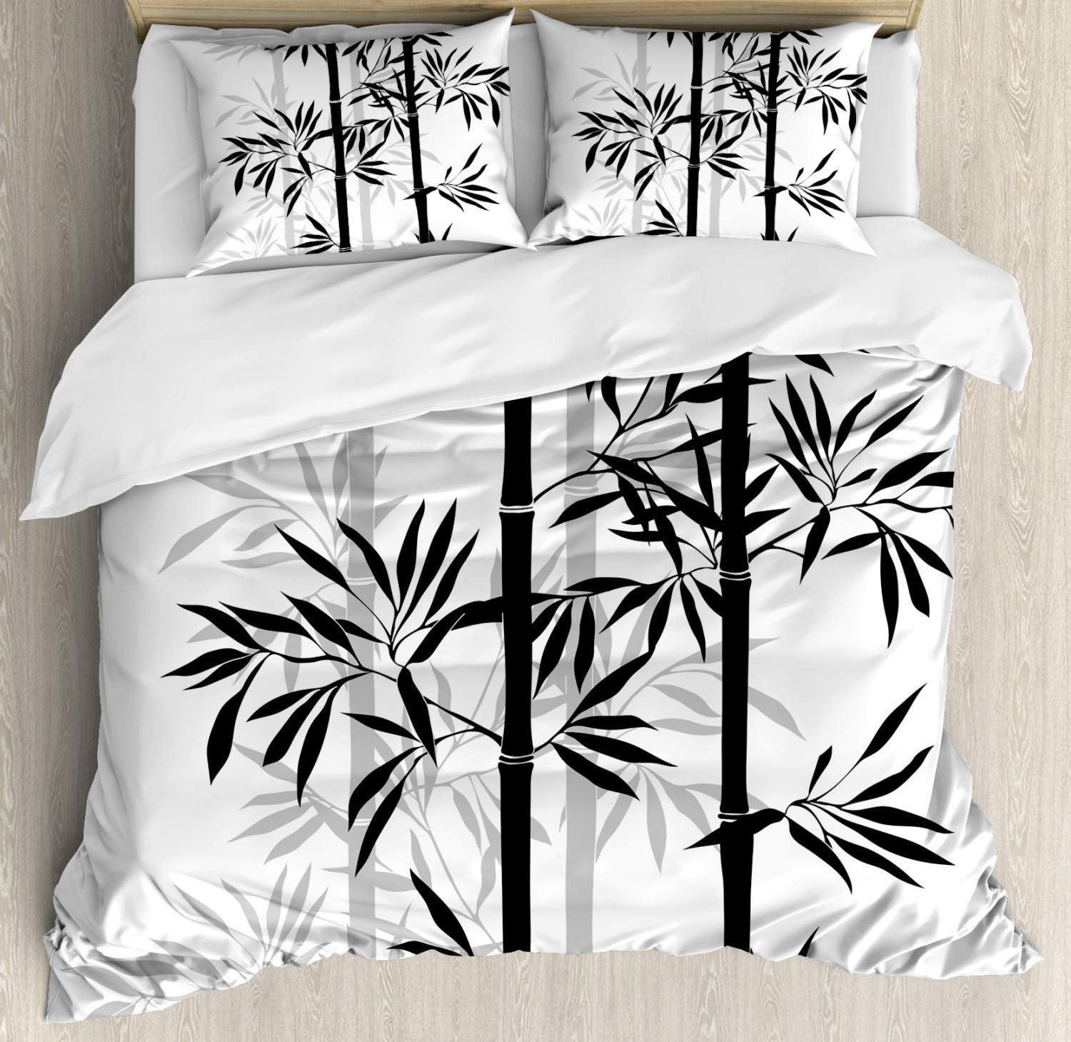 3 Piece Twin Size Bedding Set - Tree of Life Duvet Cover with Zipper Closure & 2 Pillow Shams, Japanese Zen Bamboo Silhouette Design in Black & White, Feng Shui Boho Style for Bedroom Decor | Perfect for Guest Rooms, Dorms, and Meditation Spaces