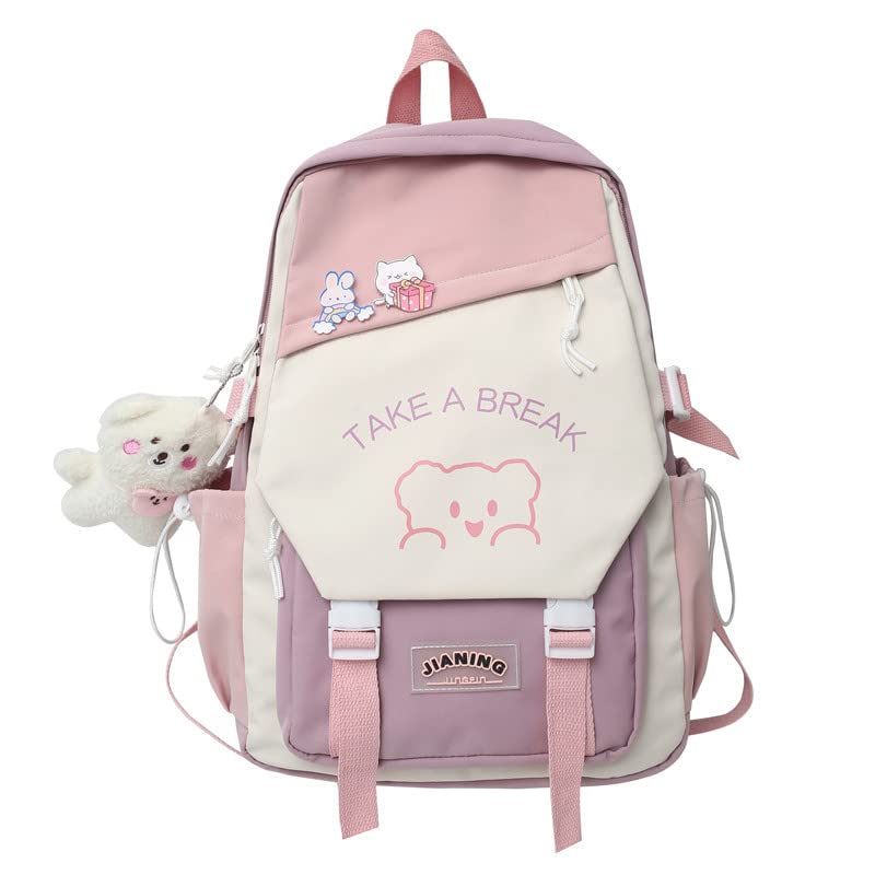 Cute Plush Bear Pendant Kawaii Backpack - Japanese Aesthetic School Bag for Girls, Pink Bookbag for College & High School | Perfect for Anime Lovers, Cosplay & Daily Use