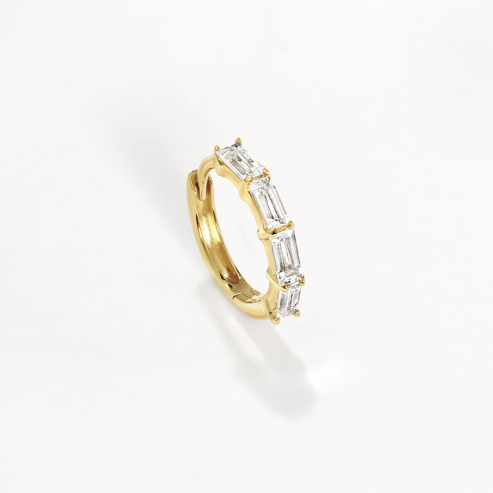 White Topaz Baguette Huggie Earrings in 14K Gold - Elegant Everyday Hoop Earrings for Women, Perfect for Work, Date Night & Special Occasions