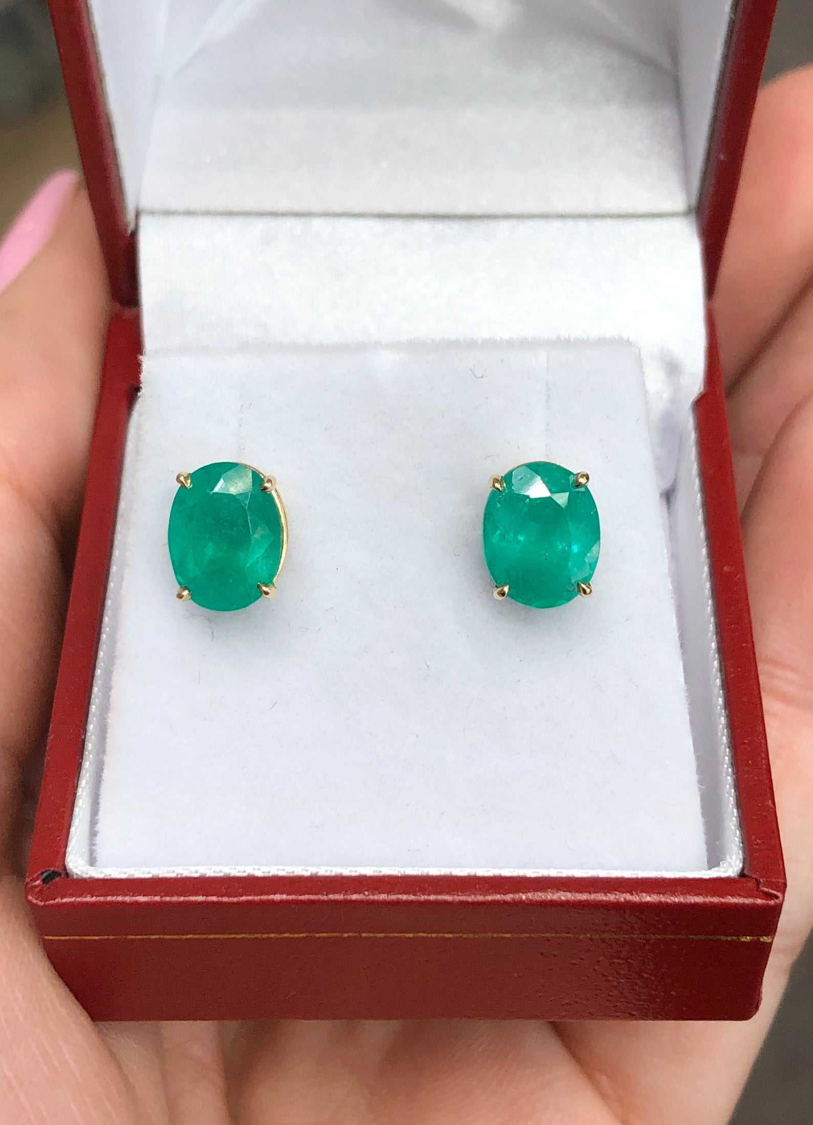 3.20tcw Medium Dark Deep Green Natural Emerald Oval Stud Earrings in 14K Gold - Elegant Statement Jewelry for Women, Perfect for Weddings, Parties & Special Occasions