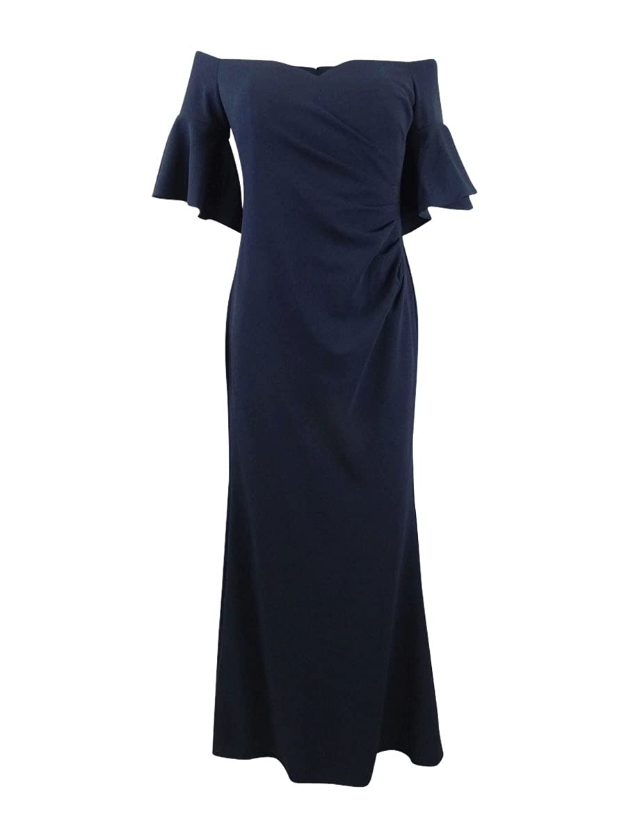 Calvin Klein Women's Navy Blue Short Sleeve Off-Shoulder Evening Gown - Elegant Sheath Dress Size 6 for Cocktail Parties, Weddings & Formal Events