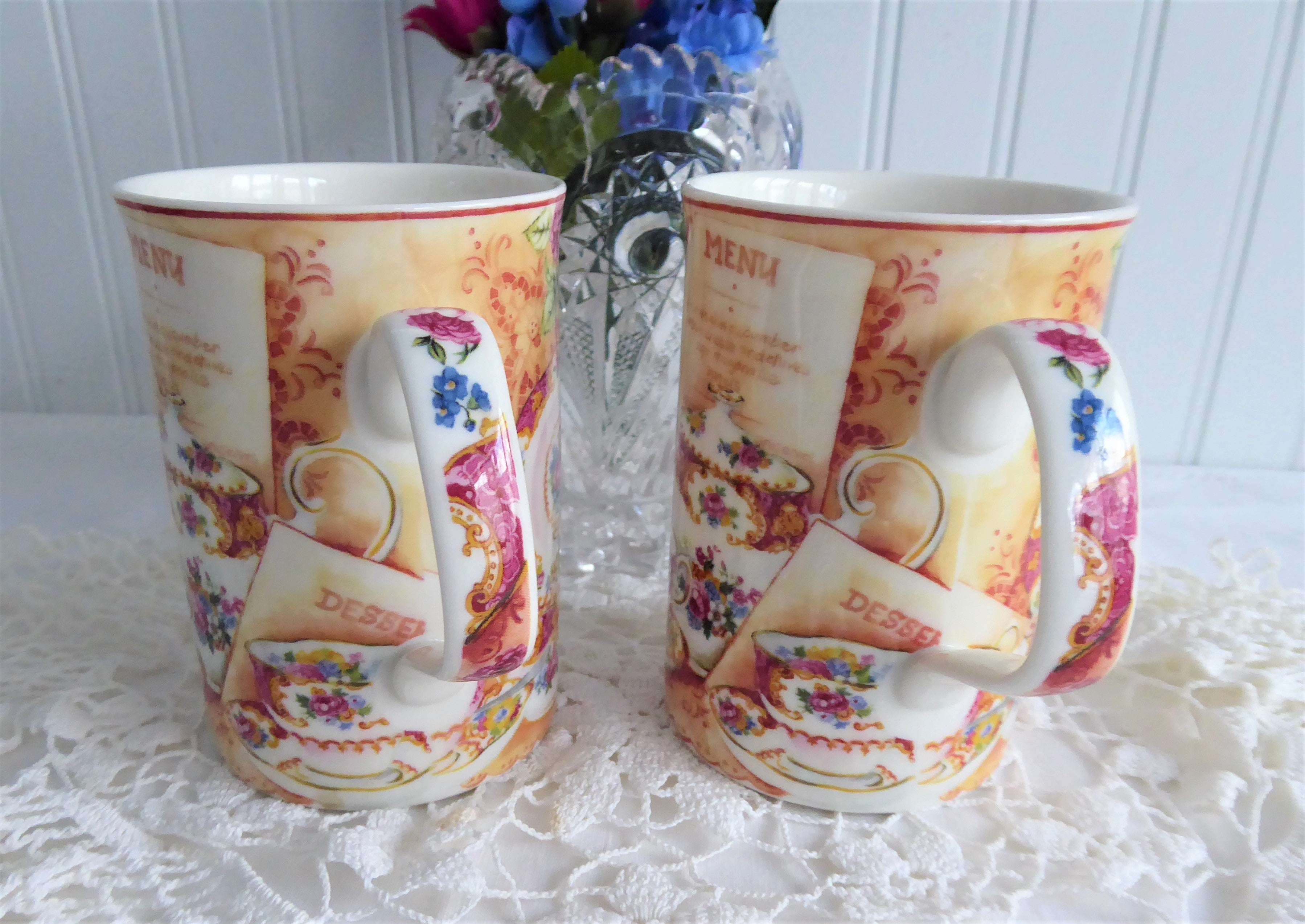 Royal Albert Lady Carlyle Collage Mug Pair - Elegant Afternoon Tea Set, Floral Bone China Tea Cups with Saucers - Perfect for English Tea Parties, Bridal Showers & Gift Giving