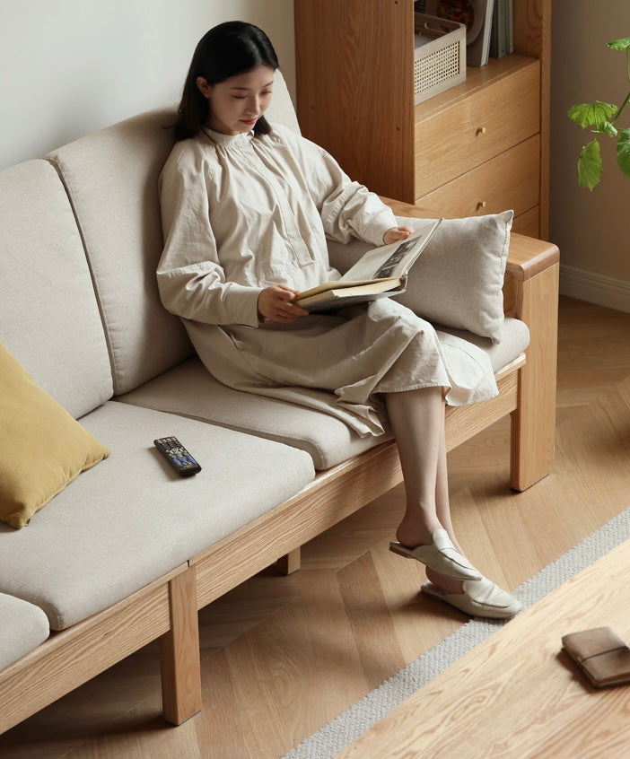 Modern Nordic Fabric Sofa - Solid Oak Wood Frame - Stylish & Durable Living Room Furniture for Small Spaces & Apartments