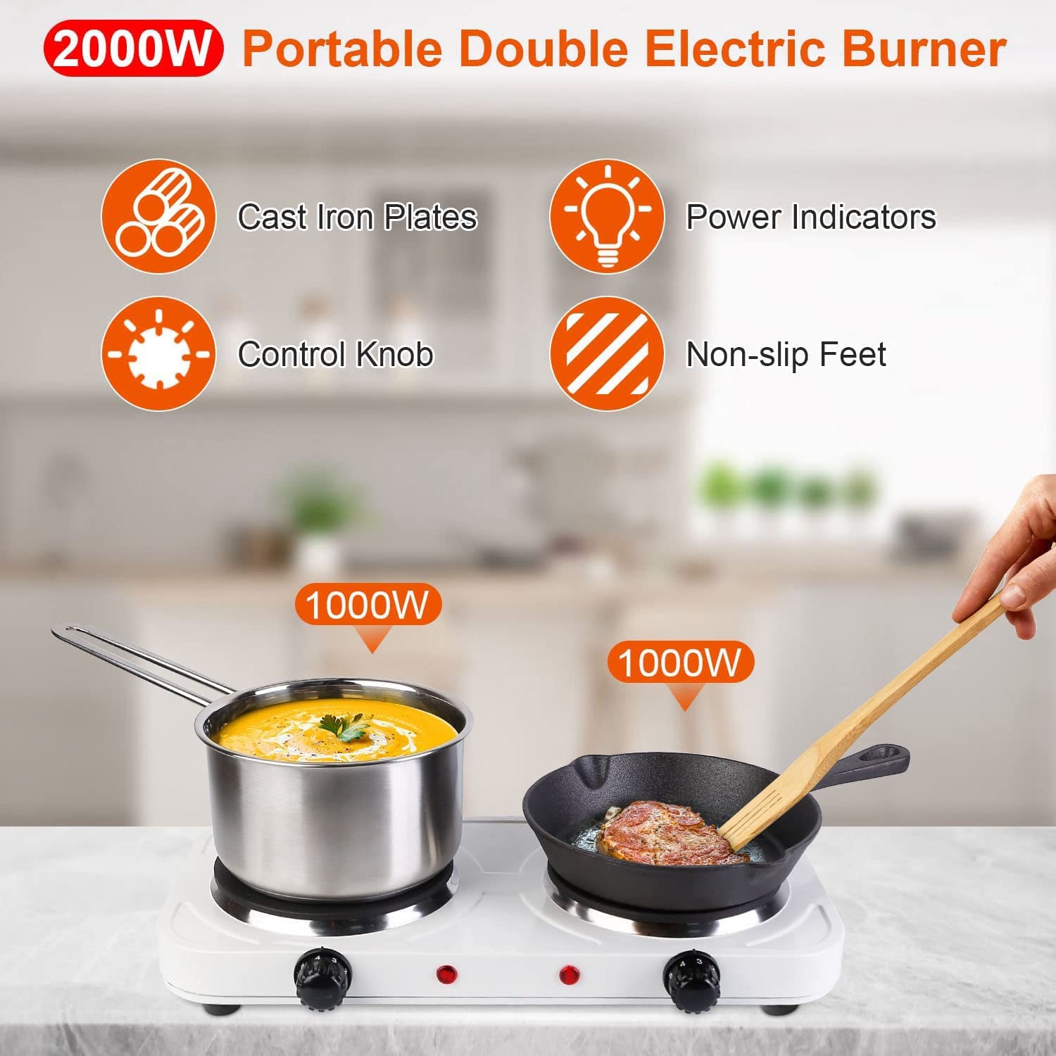 2000W Portable Induction Cooktop - Dual Burner Electric Hot Plate with 5-Level Temperature Control & Easy Clean Cast Iron Surface | Lightweight & Compact for Kitchen, Camping, RV & Outdoor Cooking | 110V