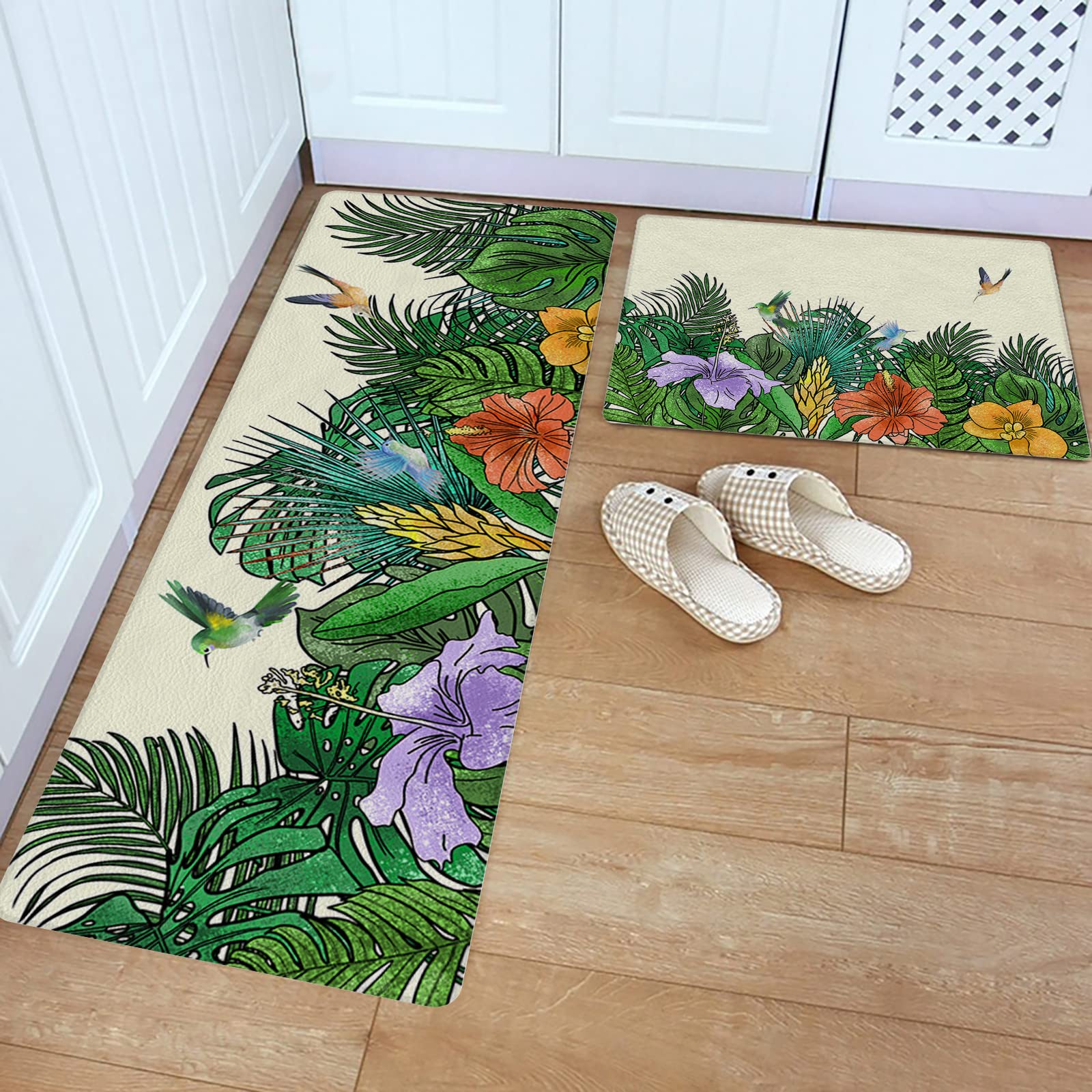 ARTSHOWING Non-Slip Kitchen Mat Set of 2 - Tropical Plant Design, Absorbent Cushioned Standing Floor Mats for Kitchen, Living Room & Bedroom - Botany Palm Leaf Flower & Hummingbird Pattern - Perfect for Home Decor, Comfortable Standing & Spill Protection