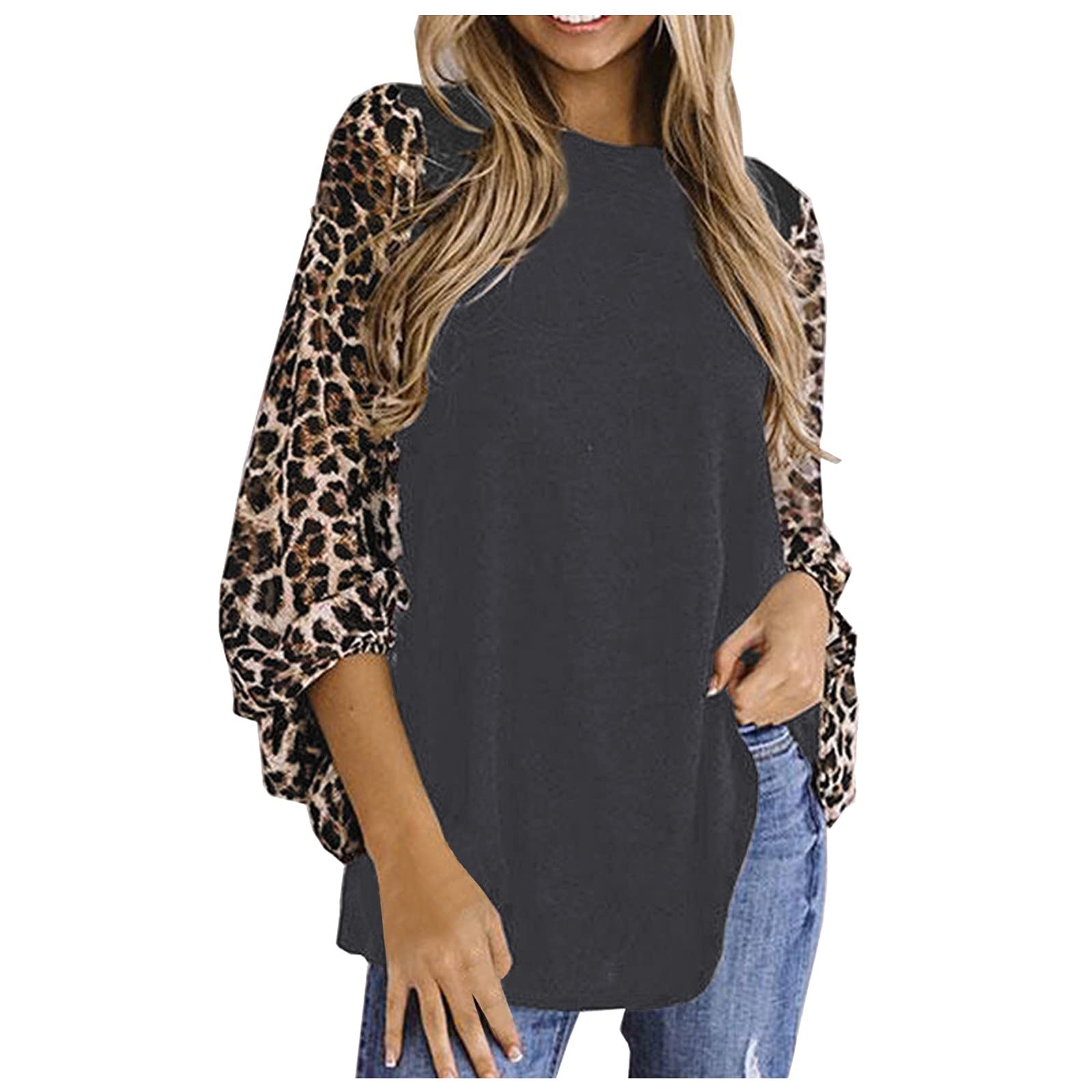 Women's Plus Size Leopard Print Long Sleeve Casual Top - Round Neck Stitching Detail Shirt for Everyday Wear, Office & Date Night Outfits