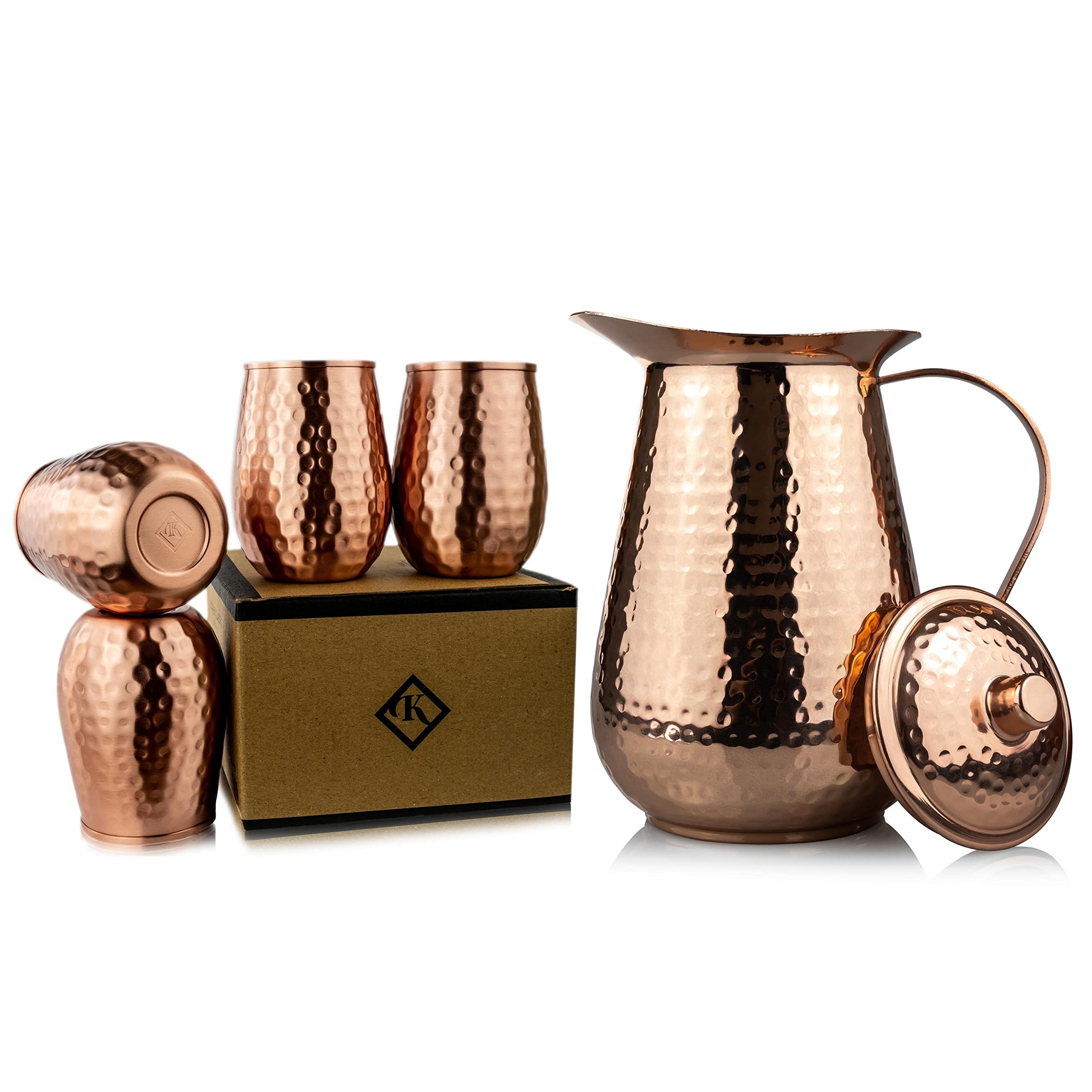 68oz Pure Copper Pitcher with Lid & 12oz Cups - Handmade Hammered Jug for Healthy Hydration - Reduce Sugar Intake & Boost Wellness - Perfect Bedside Carafe & Home Decor Water Dispenser