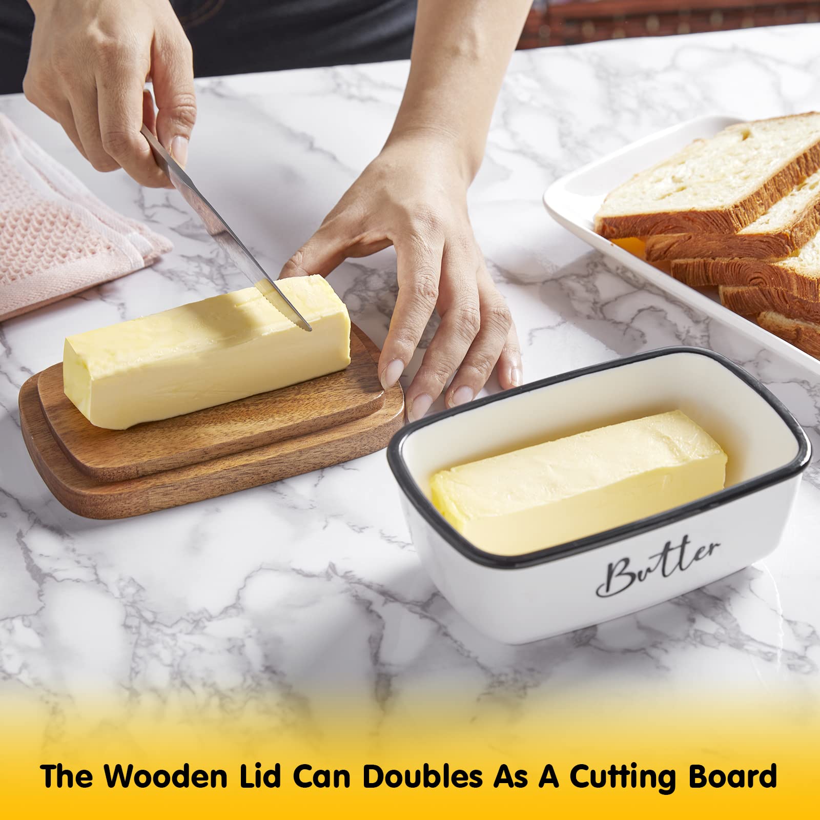 ALELION Large Ceramic Butter Dish with Acacia Wood Lid - Airtight Butter Keeper for Countertop Storage | Elegant White Kitchen Decor | Perfect Housewarming & Wedding Gift for Baking Enthusiasts (Ideal for Restaurants, Breakfast Tables & Holiday Gatherings)