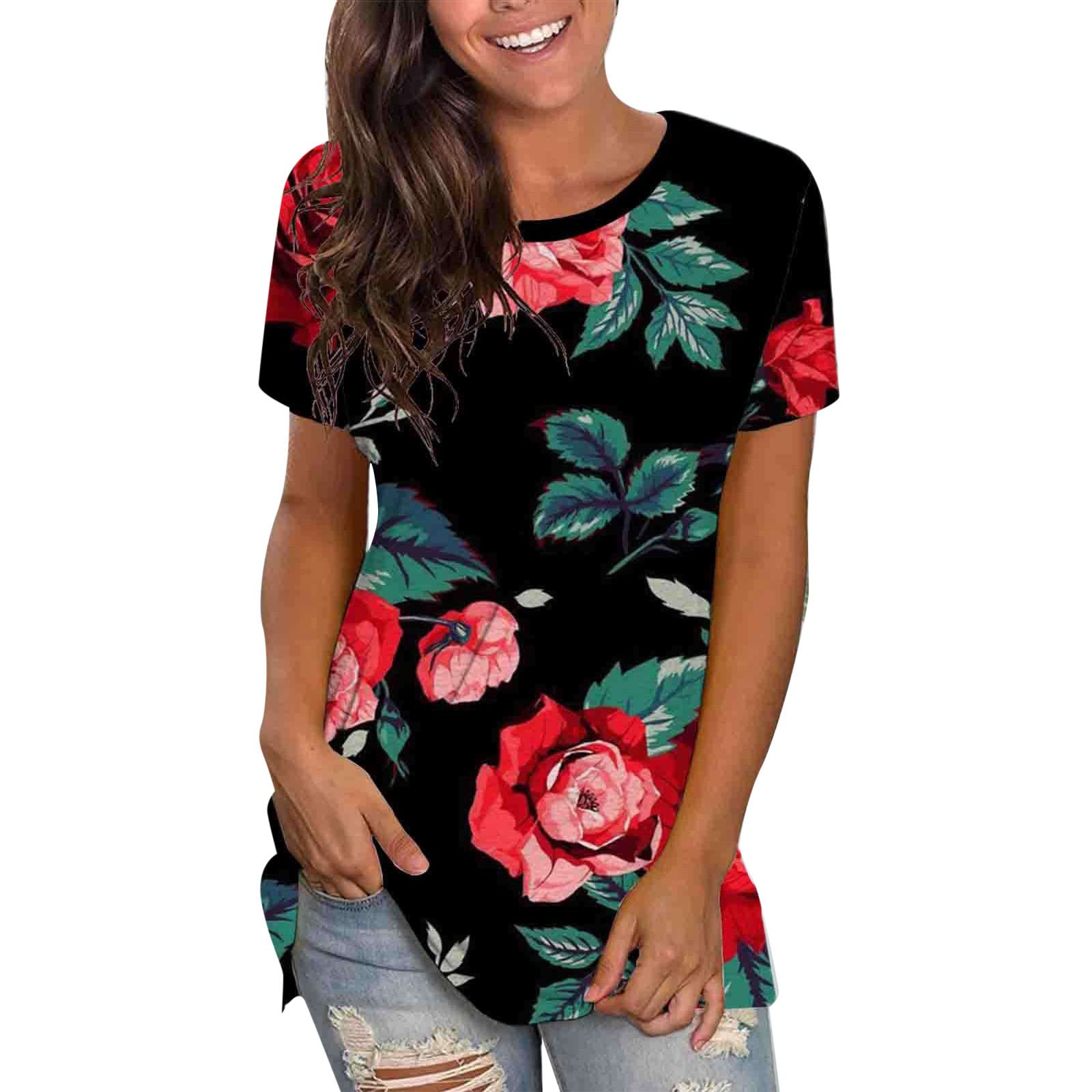 Women's Casual Summer Tops - Floral Hawaiian Shirts with Round Neck for Ladies, Perfect for Beach Vacation, Workout & Everyday Wear