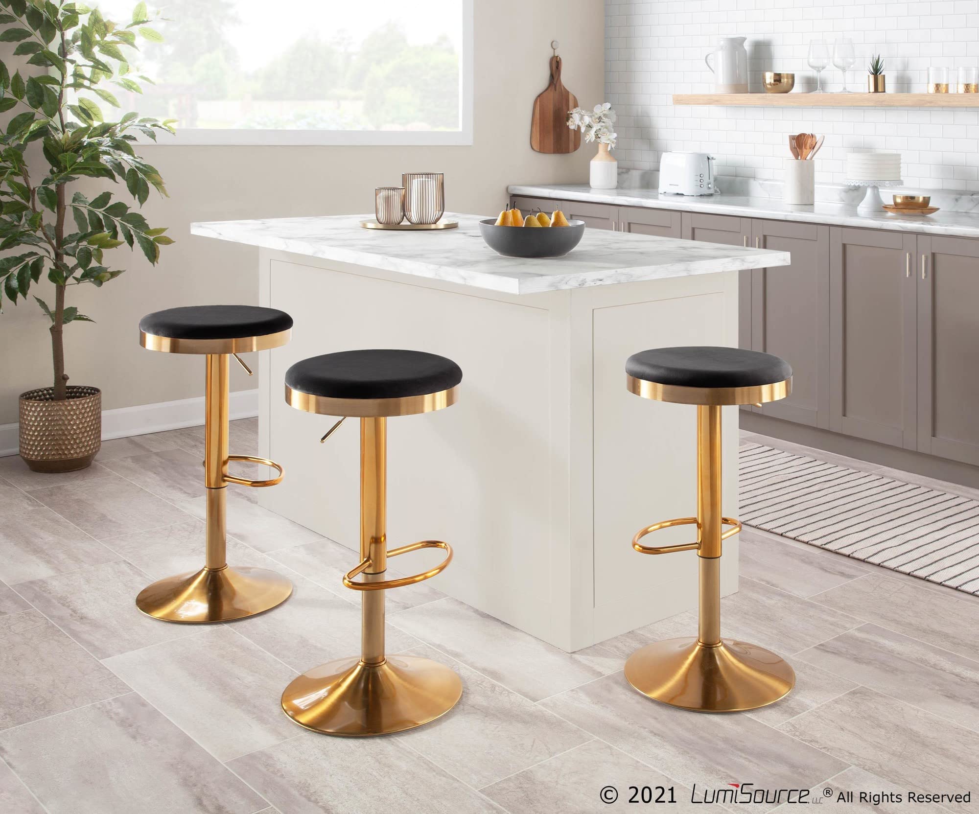 LumiSource Dakota Adjustable Swivel Bar Stool Set of 2 - Gold Upholstered Bar Height Stools for Kitchen Island, Home Bar & Counter Seating - Comfortable Bar Chairs with Back Support