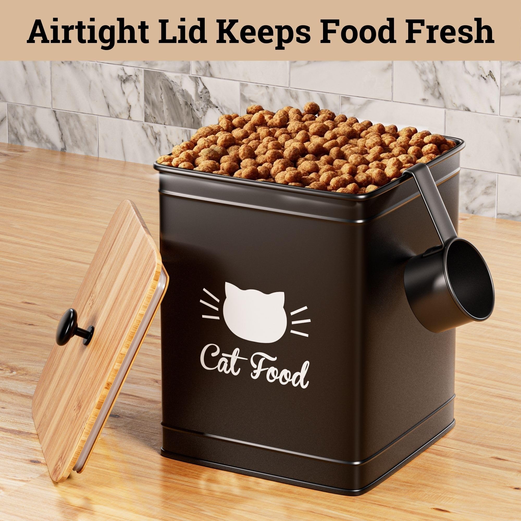 Airtight Cat Food Storage Container with Scoop - 5-10 lb (25 Cup) Capacity Metal Pet Food Bin with Bamboo Lid & Measuring Scoop - Perfect for Dry Kibble Storage in Kitchens, Pantries or Pet Feeding Areas