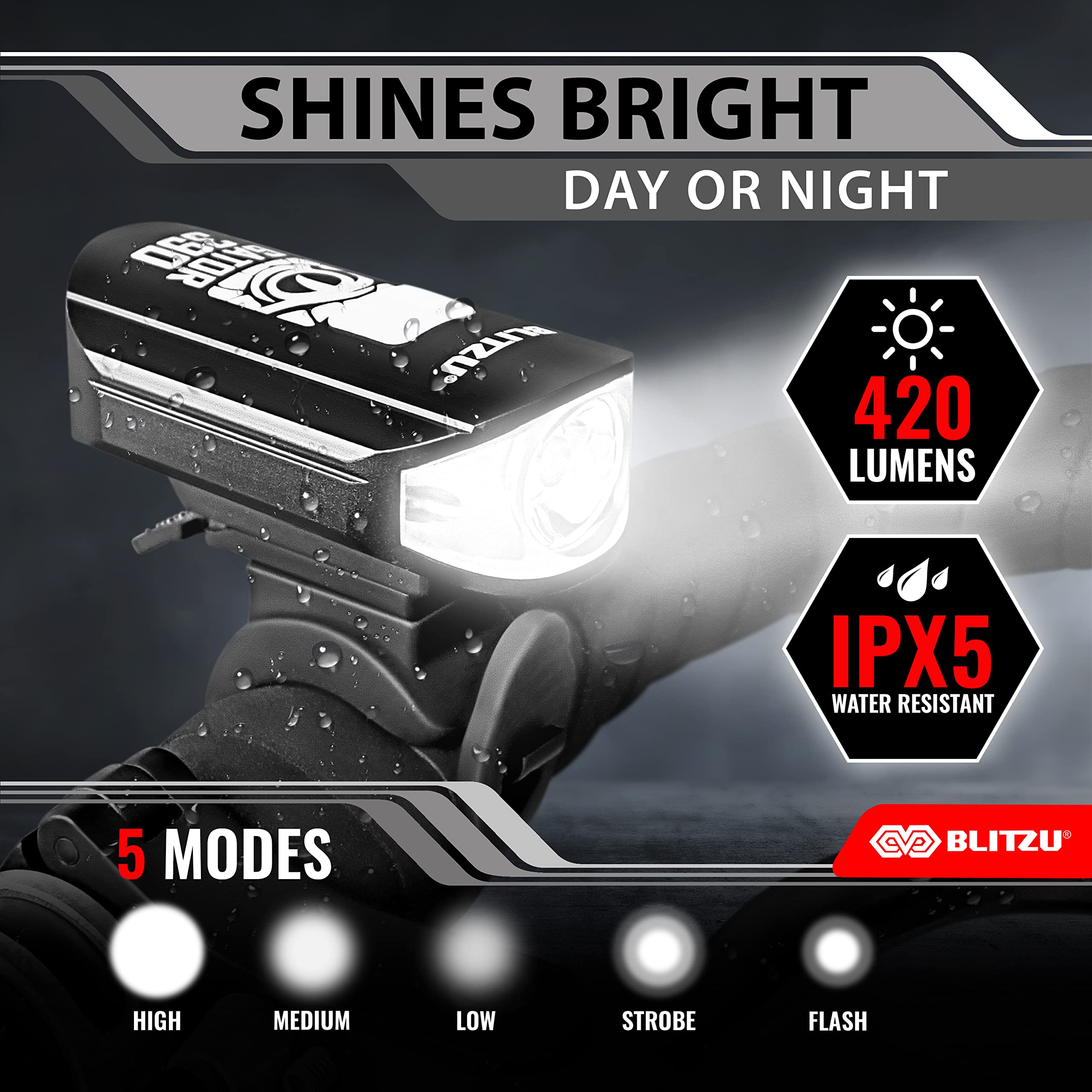 BLITZU Ultra Bright USB-C Rechargeable Bike Light Set - 1200 Lumen Waterproof Bicycle Headlight & Taillight Combo for Night Riding - Easy Install Cycling Safety Lights for Road/Mountain Bikes - Perfect for Commuting, Trail Adventures & Family Cycling