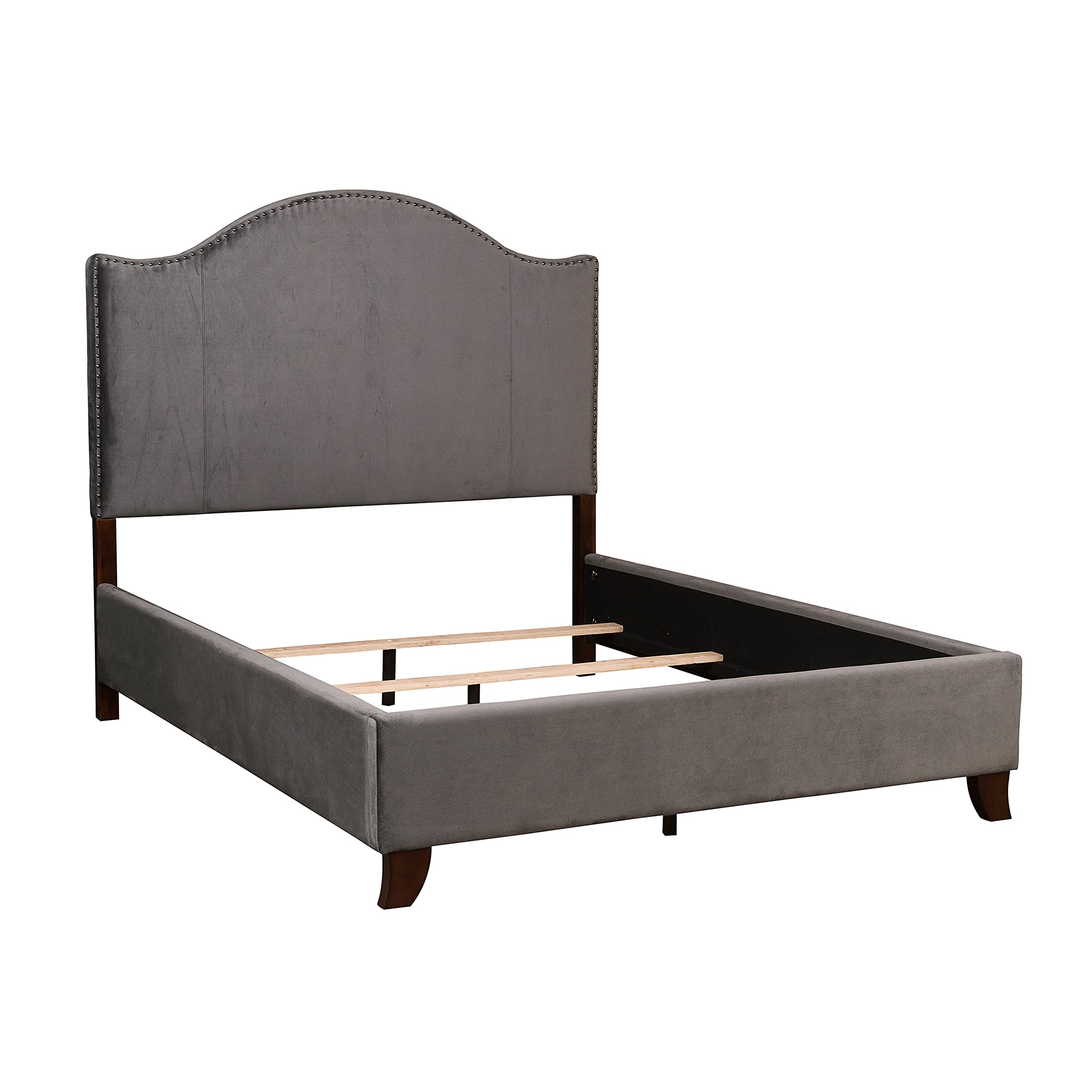 Lexicon Queen Bed Frame with Upholstered Headboard - Traditional Velvet Bed Frame Queen Size with Nailhead Trim & Camelback Design - No Box Spring Needed, Easy Assembly, Gray - Perfect for Master Bedrooms & Guest Rooms