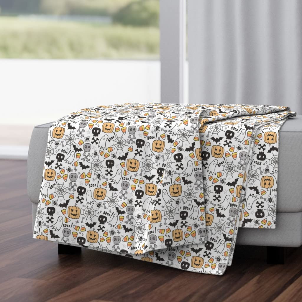 Halloween Doodle Skulls Bat Pumpkin Spider Web Ghost White Treat Print Plush Minky Throw Blanket 50