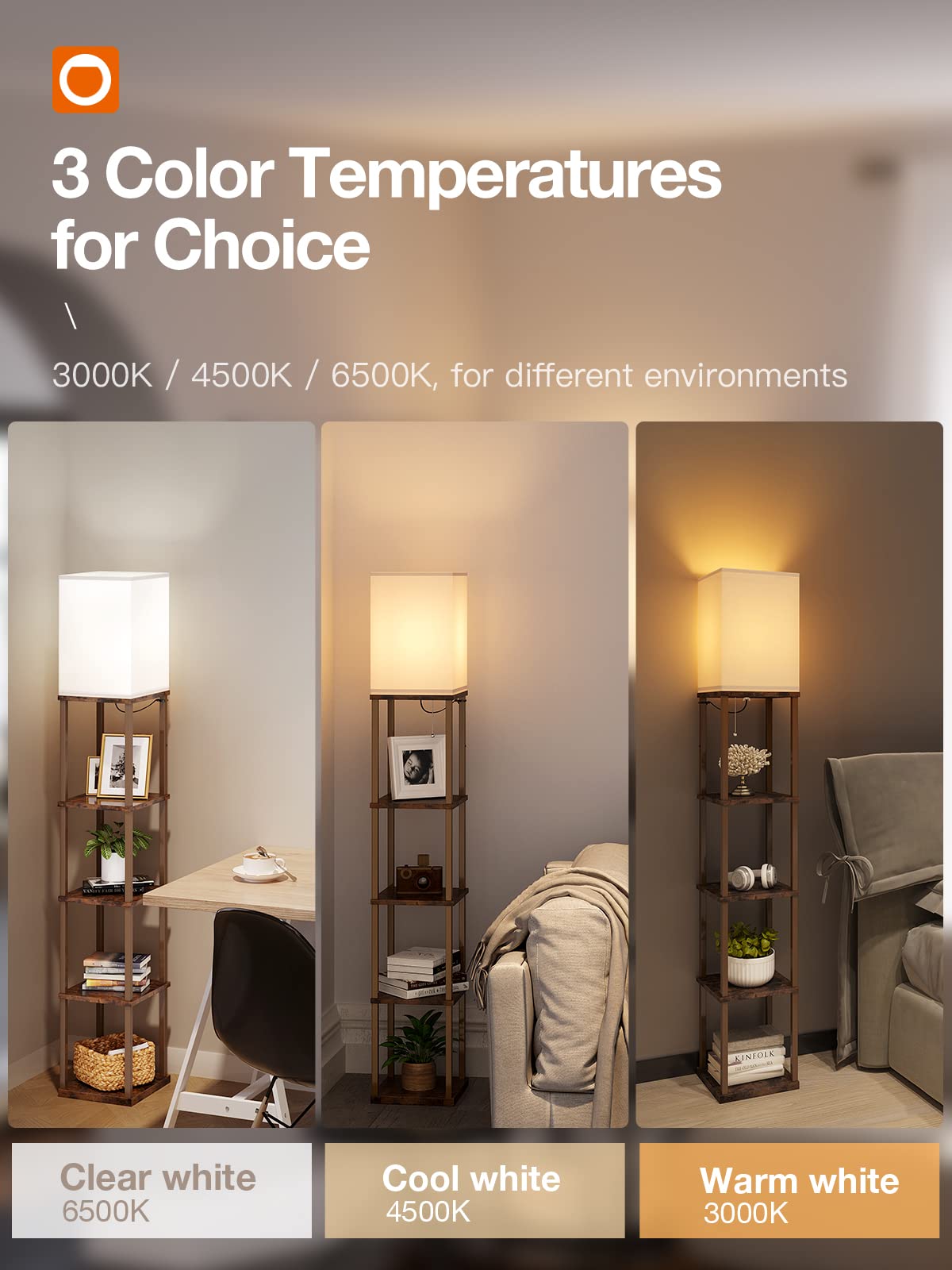 Addlon 5-Tier Modern Shelf Floor Lamp with 3CCT LED Bulb - Adjustable Brightness Wooden Display Lamp for Living Room, Bedroom, Office - Brown - Perfect for Reading, Decor & Small Space Storage
