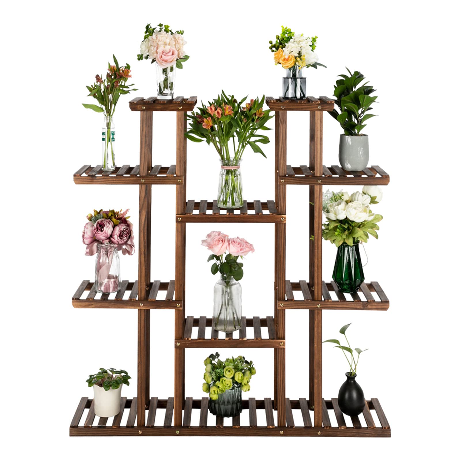 Trlec Artisasset 6-Tier 11-Seat Indoor/Outdoor Carbonized Wood Plant Stand - Perfect for Patio, Garden, Balcony & Home Decor