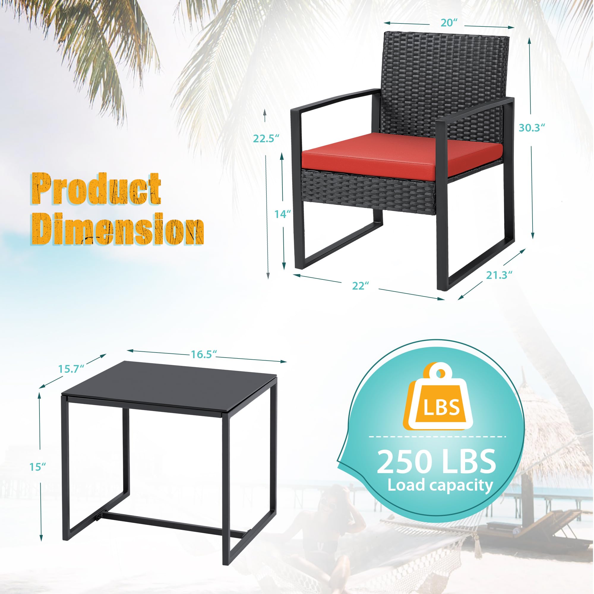Flamaker 3-Piece Wicker Patio Furniture Set - Modern Outdoor Rattan Chairs with Coffee Table for Garden, Yard, Bistro & Backyard (Red) - Perfect for Relaxing, Entertaining & Outdoor Dining