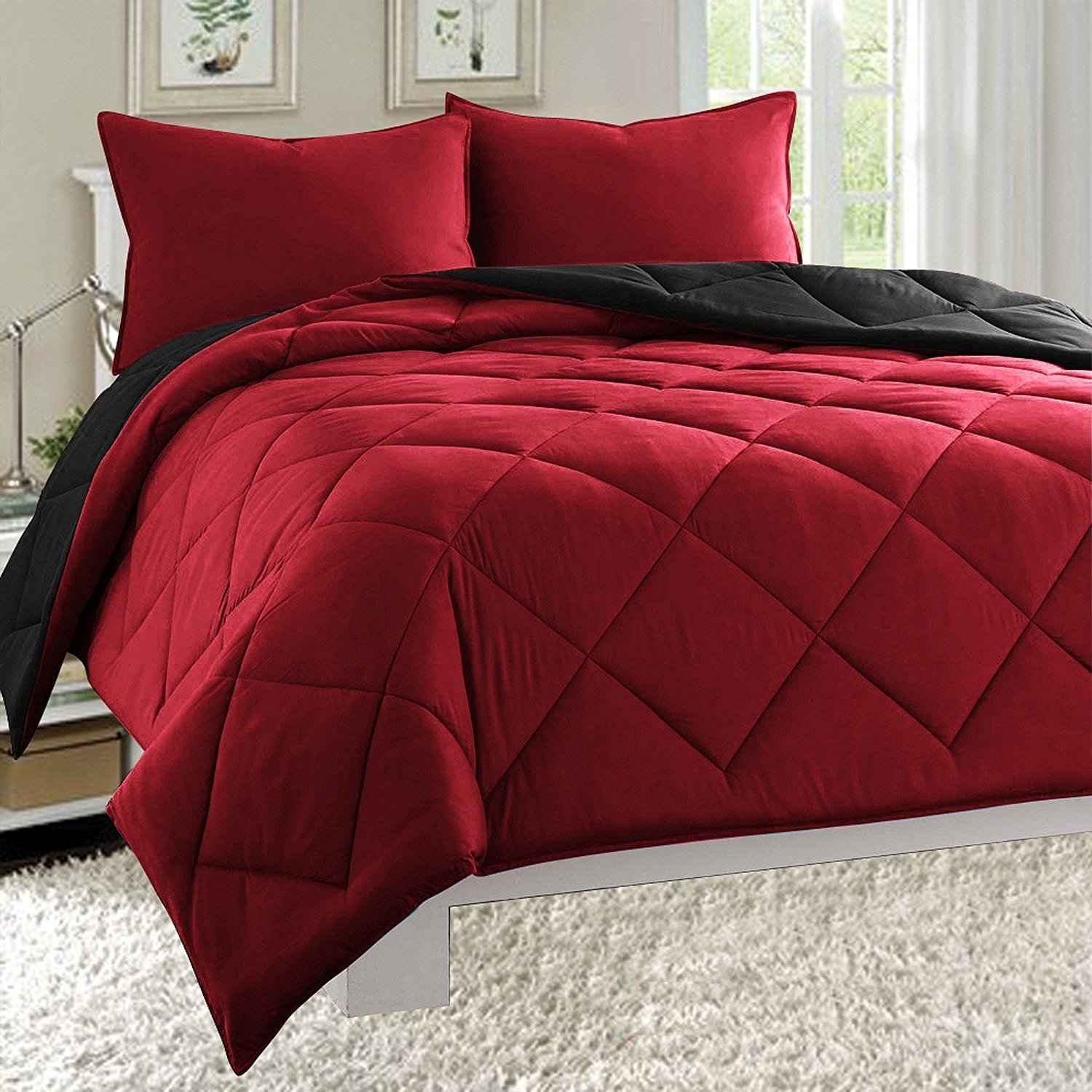 MattRest All-Season Lightweight Down Alternative Reversible 3-Piece Comforter Set - Wrinkle & Fade Resistant - King/California King Size - Black/Burgundy - Perfect for Bedroom Decor & Guest Room Comfort