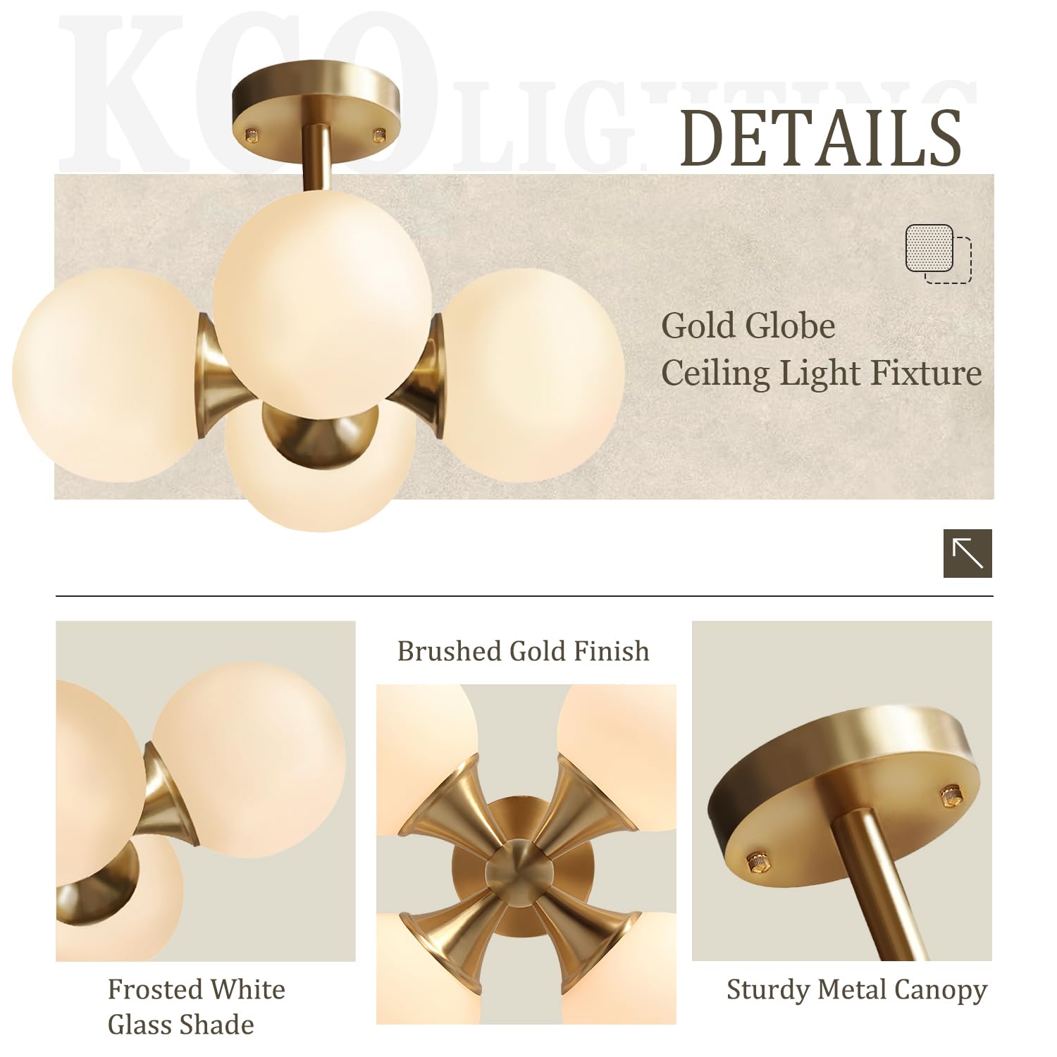 Modo Lighting Antique Brass 4-Light Ceiling Fixture - Mid-Century Modern Flush Mount Chandelier with Frosted Glass Globes - Perfect for Bedroom, Living Room, Dining Room & Entryway Lighting