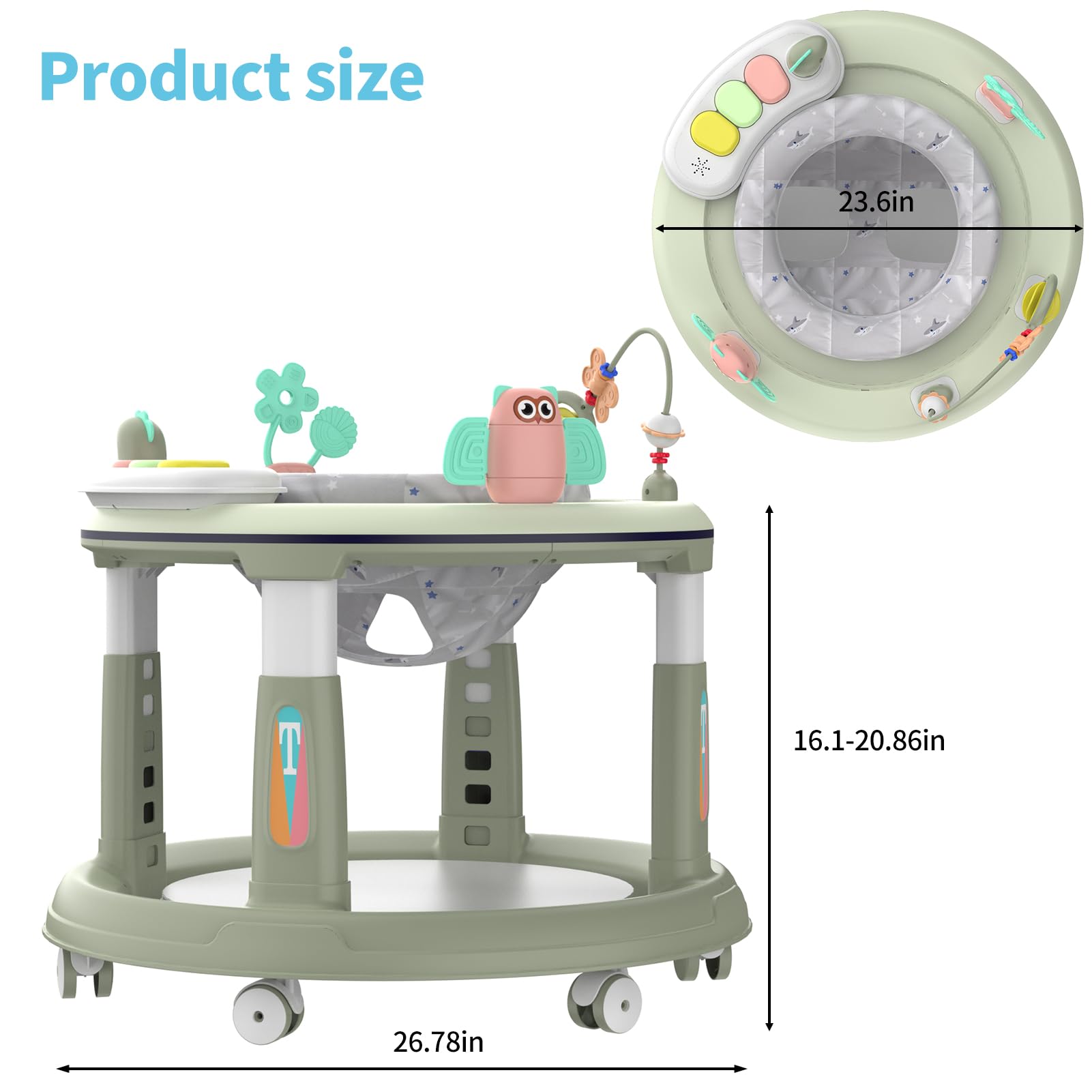 **Adjustable Baby Walker for 6-12 Months - 5 Height Levels, 360° Swivel Seat with Music & Detachable Toys - Safe Activity Center for Boys & Girls (Green) - Perfect for Learning to Walk & Playtime Fun**