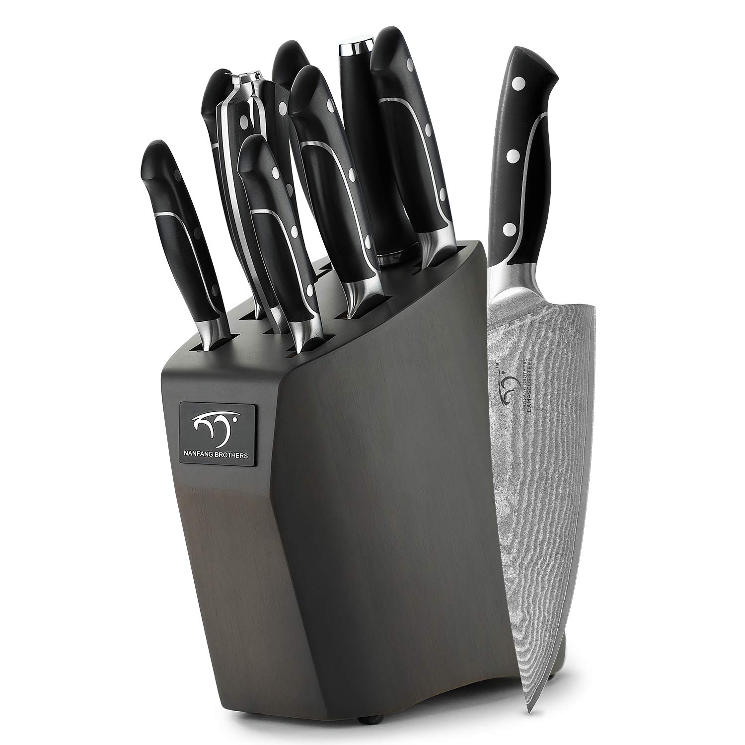 Premium Damascus Steel 9-Piece Kitchen Knife Set with Wooden Block - XingRui Series Chef Knives with Ergonomic Non-Slip ABS Handle, Knife Sharpener & Shears - Perfect for Home Cooking, Professional Chefs & Gourmet Food Preparation