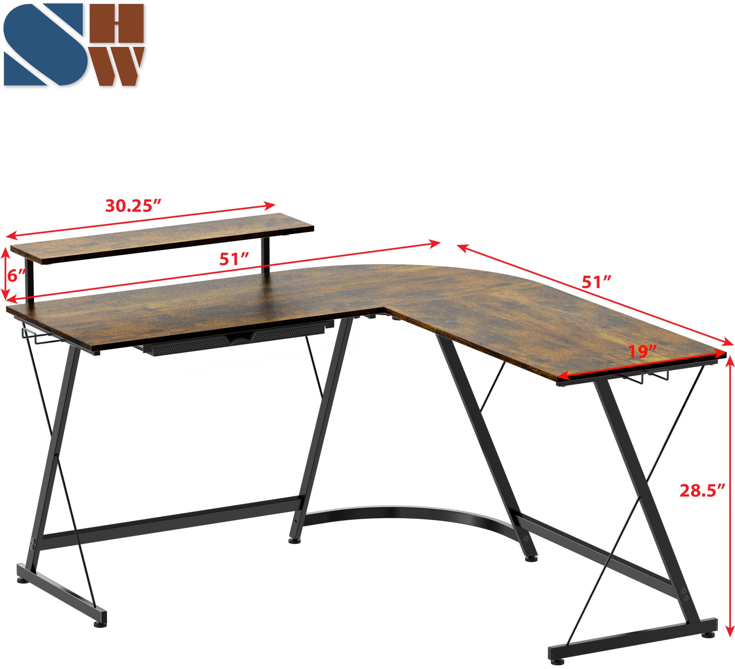 SHW Vista L-Shape Computer Desk with Monitor Stand - Rustic Brown Home Office Desk for Gaming & Workstation Setup | Perfect for Small Spaces & Corner Work Areas